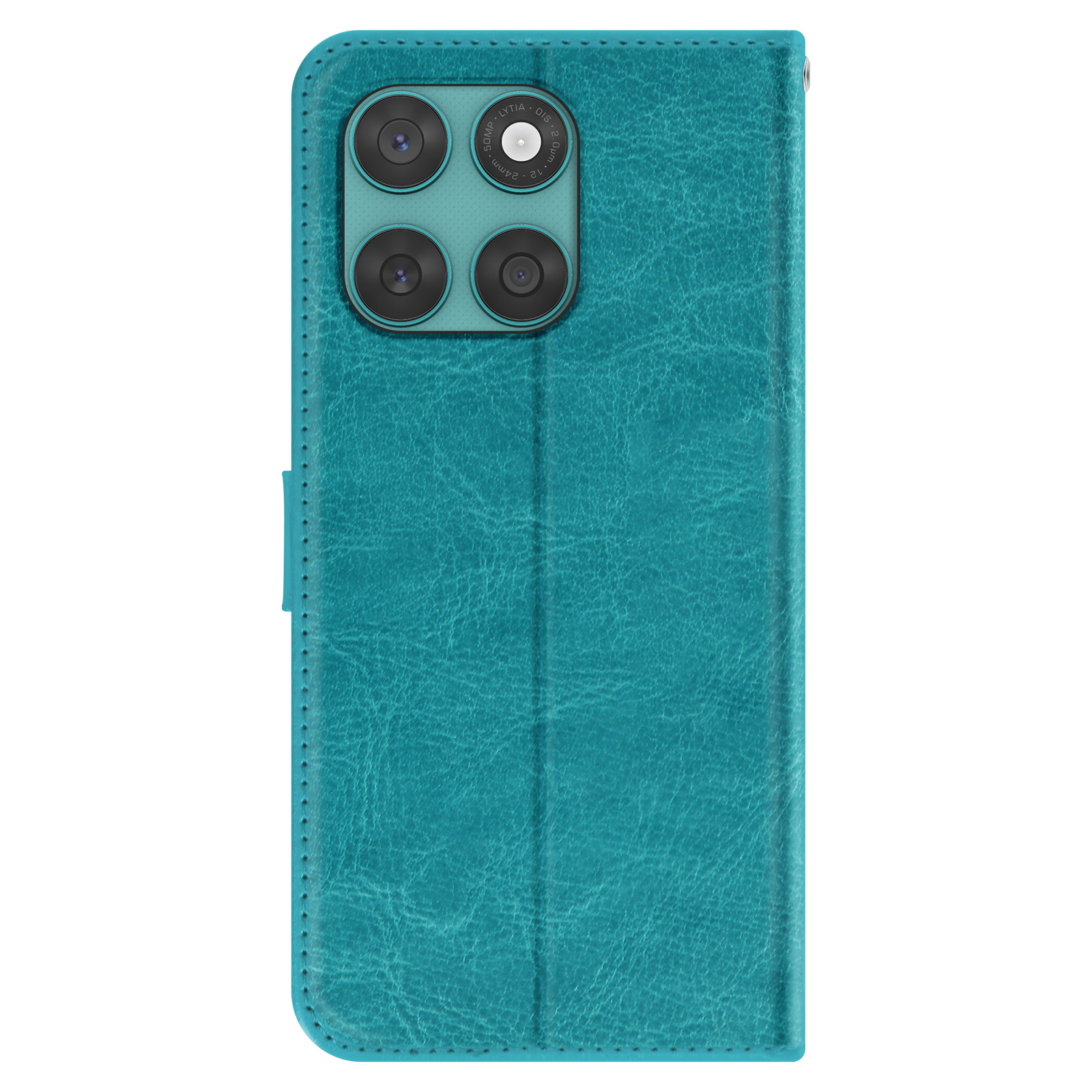 Custodia per telefono verde acqua con sporgenza della fotocamera. È una custodia a portafoglio con chiusura magnetica.