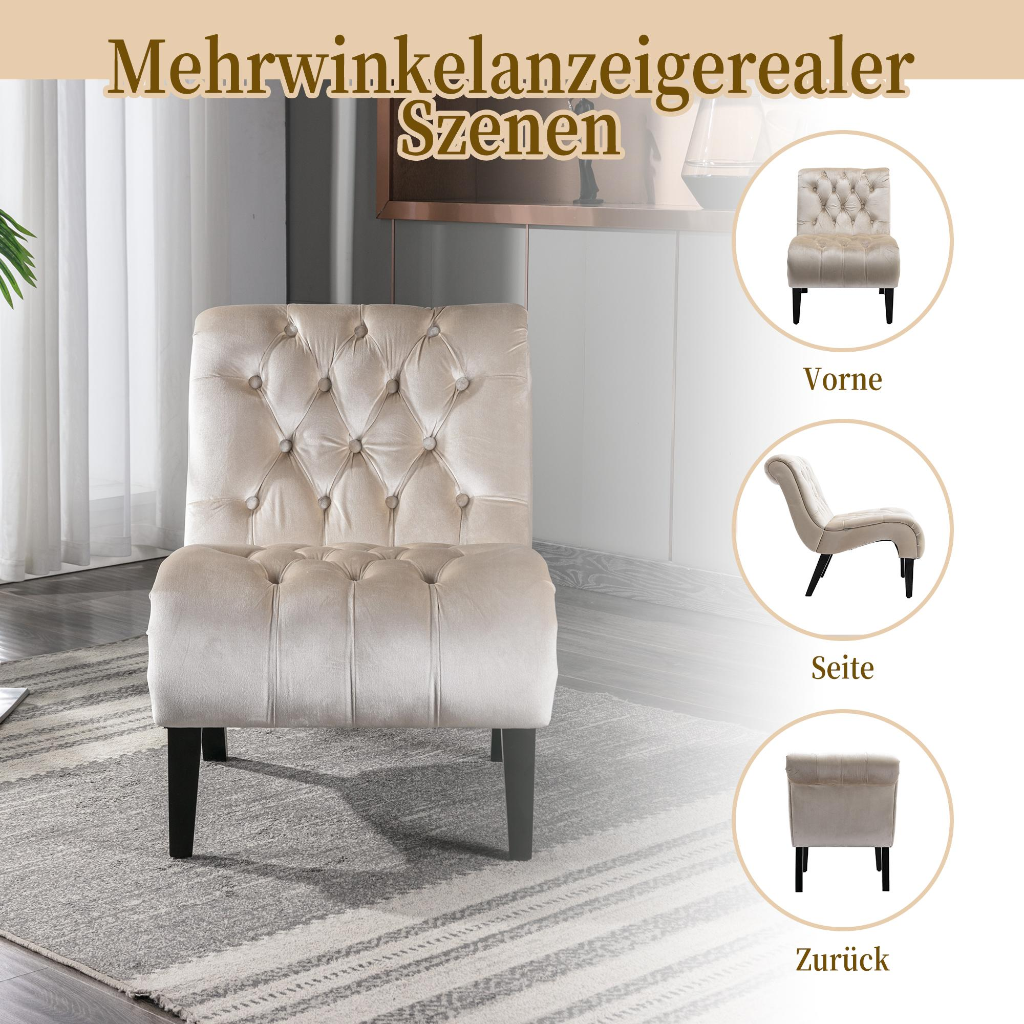 Ein beiger, getufteter Sessel, der aus verschiedenen Blickwinkeln auf einem Teppich vor einer Wand gezeigt wird.