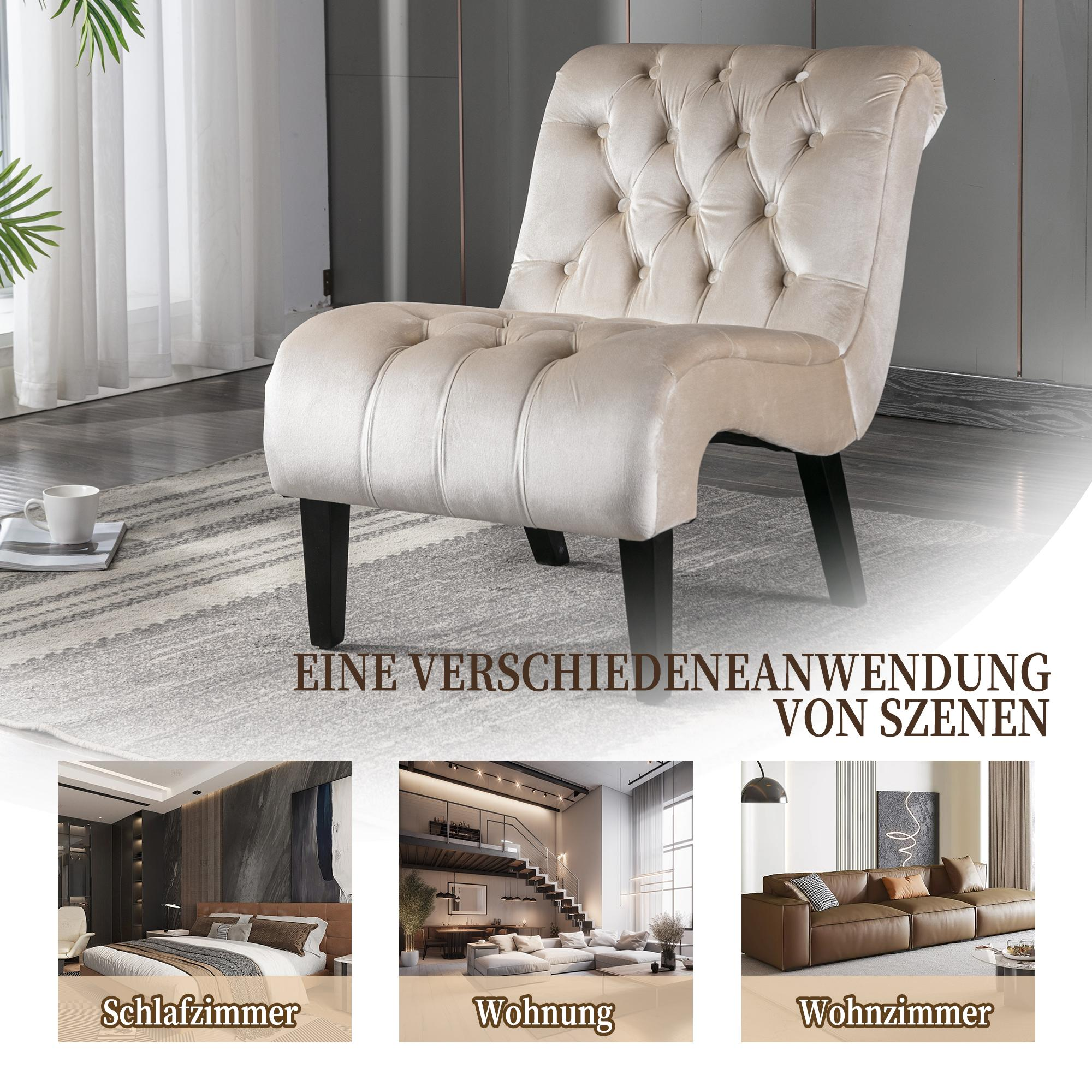 Beiger, getufteter Stuhl in verschiedenen Raumeinstellungen: Schlafzimmer, Apartment und Wohnzimmer, alles mit Text.