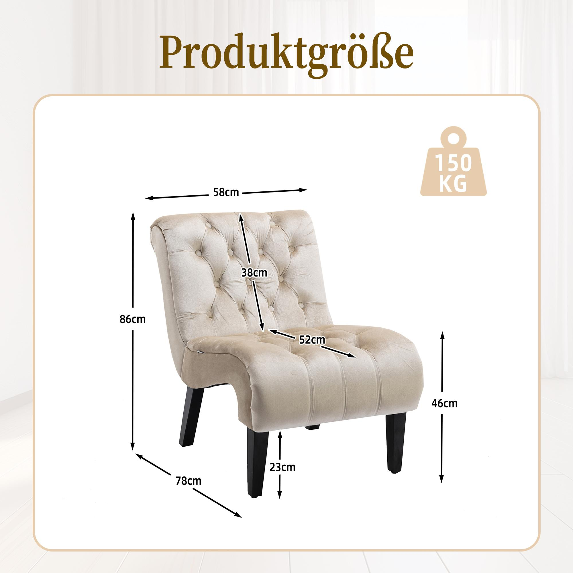 Beiger Sessel mit Abmessungen auf dem Rahmen dargestellt.