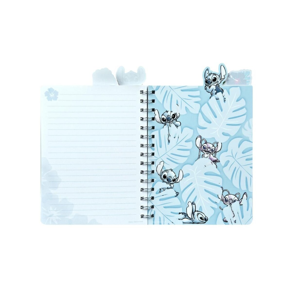 Notizbuch mit Stitch- und Angel-Figuren, offen. Das Notizbuch hat linierte Seiten und florale Designs.