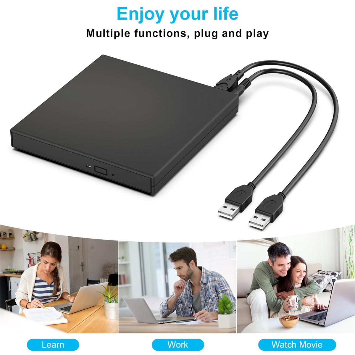 Drei Personen, die Laptops benutzen. Schwarzes externes CD/DVD-Laufwerk mit USB-Kabeln, Text sagt: „Genieße dein Leben“.