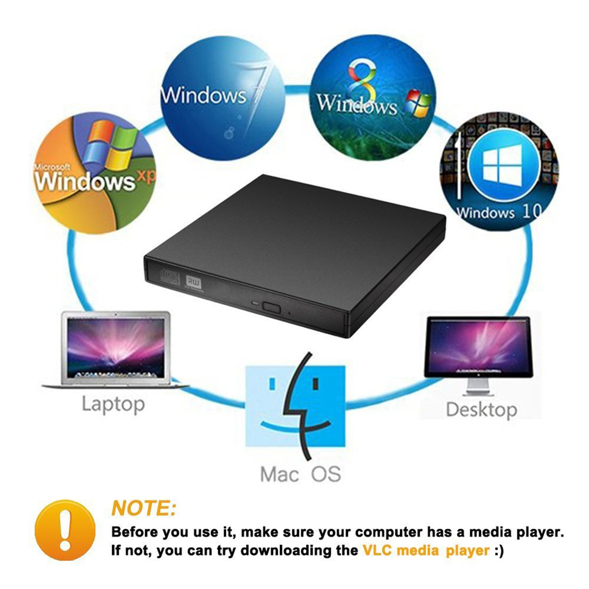 Ein schwarzes externes CD/DVD-Laufwerk mit Windows- und Mac OS-Logos sowie Laptop- und Desktop-Computerbildern.