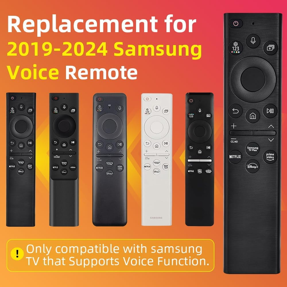 Mehrere schwarze Samsung TV-Fernbedienungen. Text: Ersatz für Samsung Voice Remote 2019-2024.