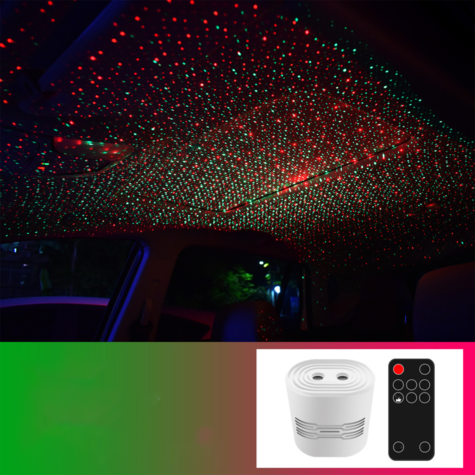 Auto-Innenraum mit roter und grüner Sternenhimmelprojektion an der Decke. Gerät und Fernbedienung im Vordergrund.