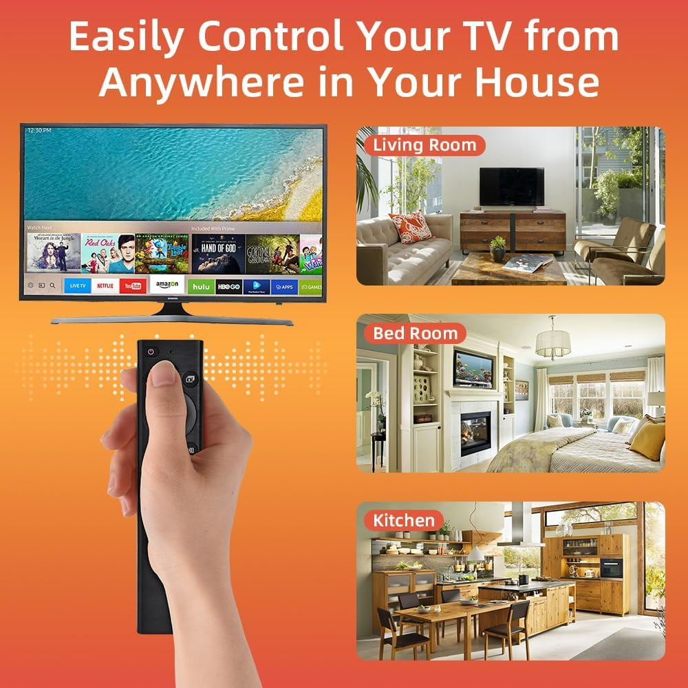 Person hält Fernbedienung, mit Bildern von Wohnzimmer-, Schlafzimmer- und Küchen-TVs.