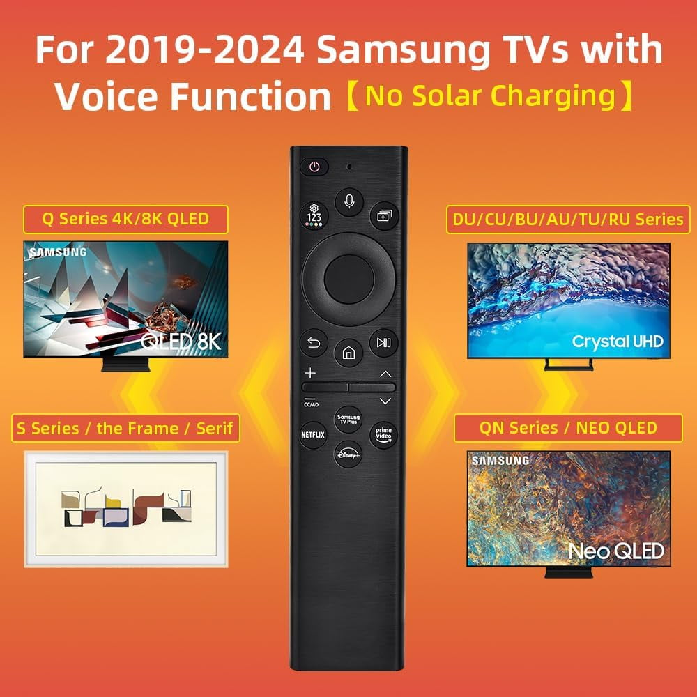 Schwarze Samsung-Fernbedienung mit Sprachfunktion, mit verschiedenen TV-Modellen dargestellt.