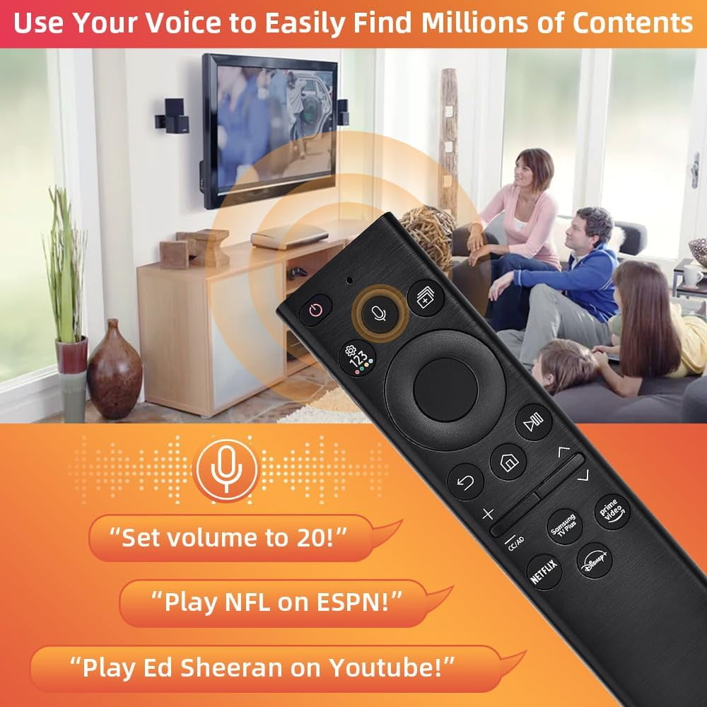 Mann benutzt Samsung TV-Fernbedienung. Textblasen: Lautstärke auf 20, NFL auf ESPN, Ed Sheeran auf YouTube.