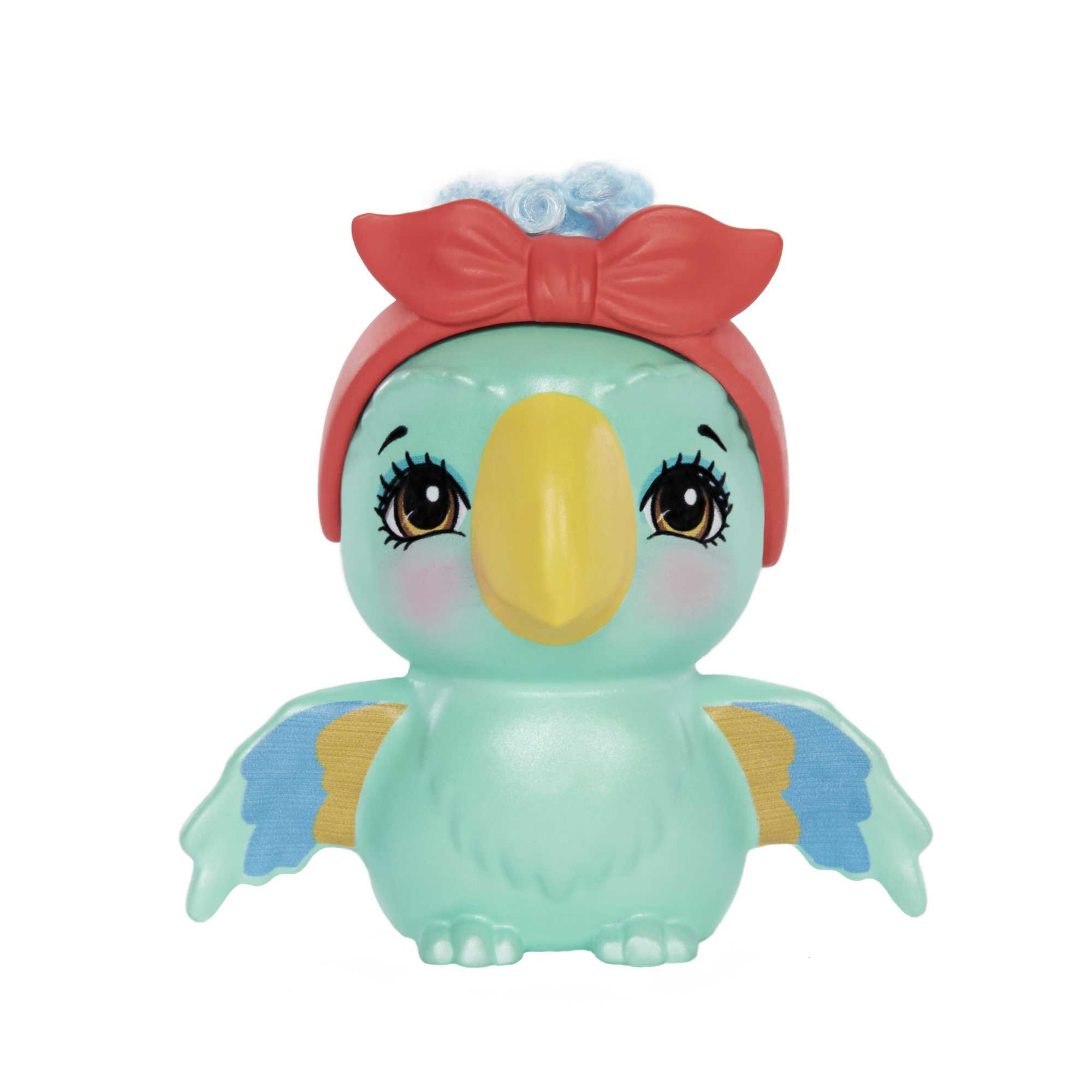 Primer plano de un juguete de loro de dibujos animados con una diadema roja y detalles azules. Tiene un pico amarillo y ojos grandes.