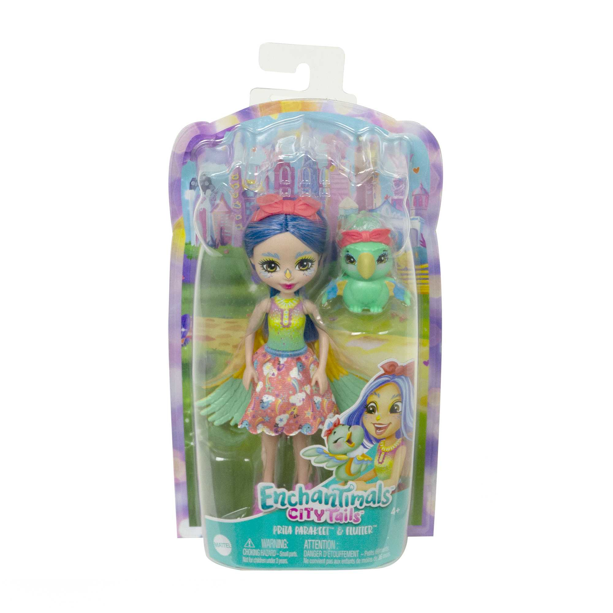 Muñeca Enchantimals en un paquete. La muñeca lleva un vestido colorido y tiene alas de pájaro y un amigo a juego.