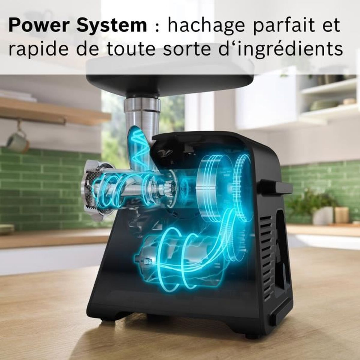 Zwarte vleesmolen met gloeiende blauwe interne componenten. Tekst bovenaan zegt: Power System.