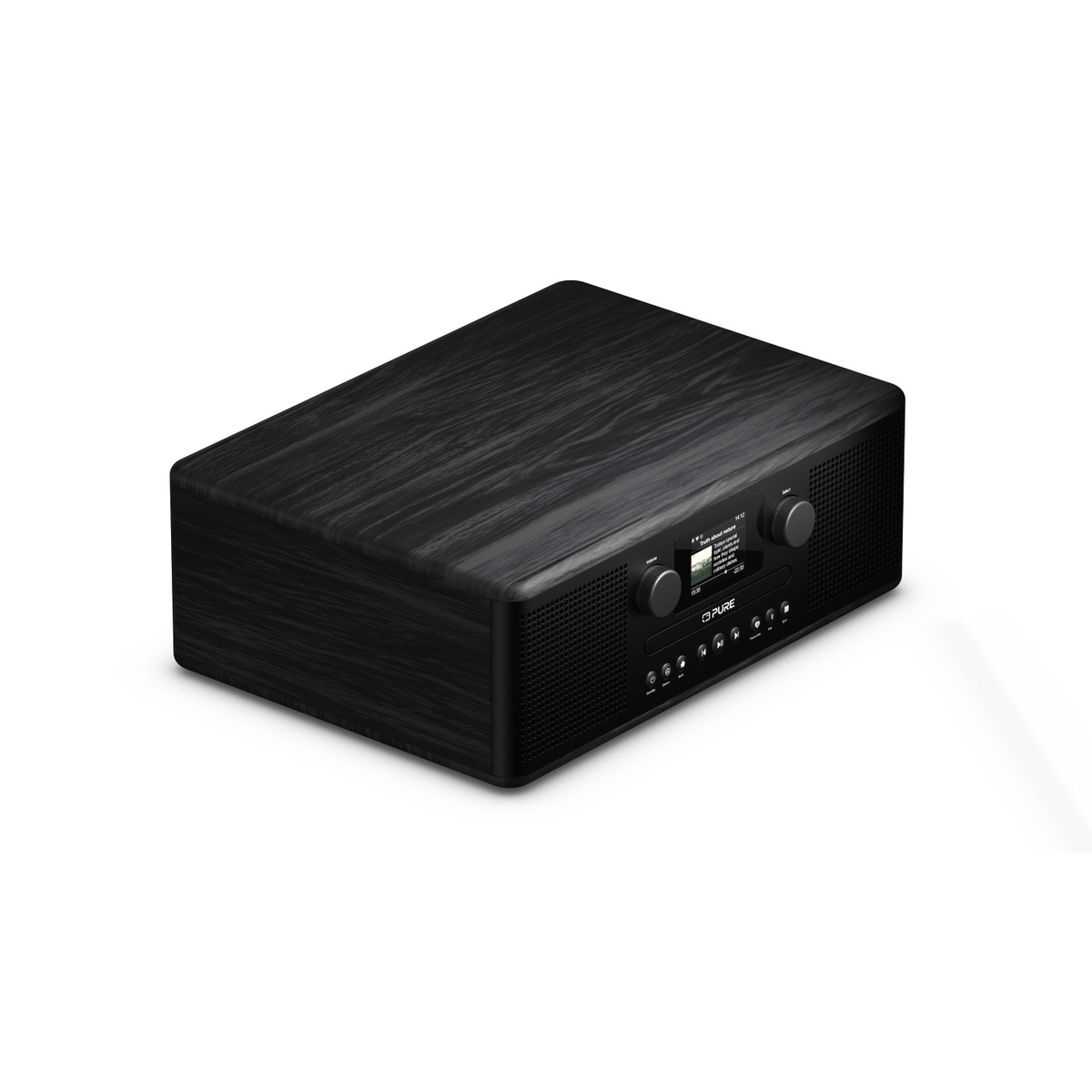 Radio de madera negra con botones, pantalla y altavoces. Vista en ángulo. Fondo blanco.
