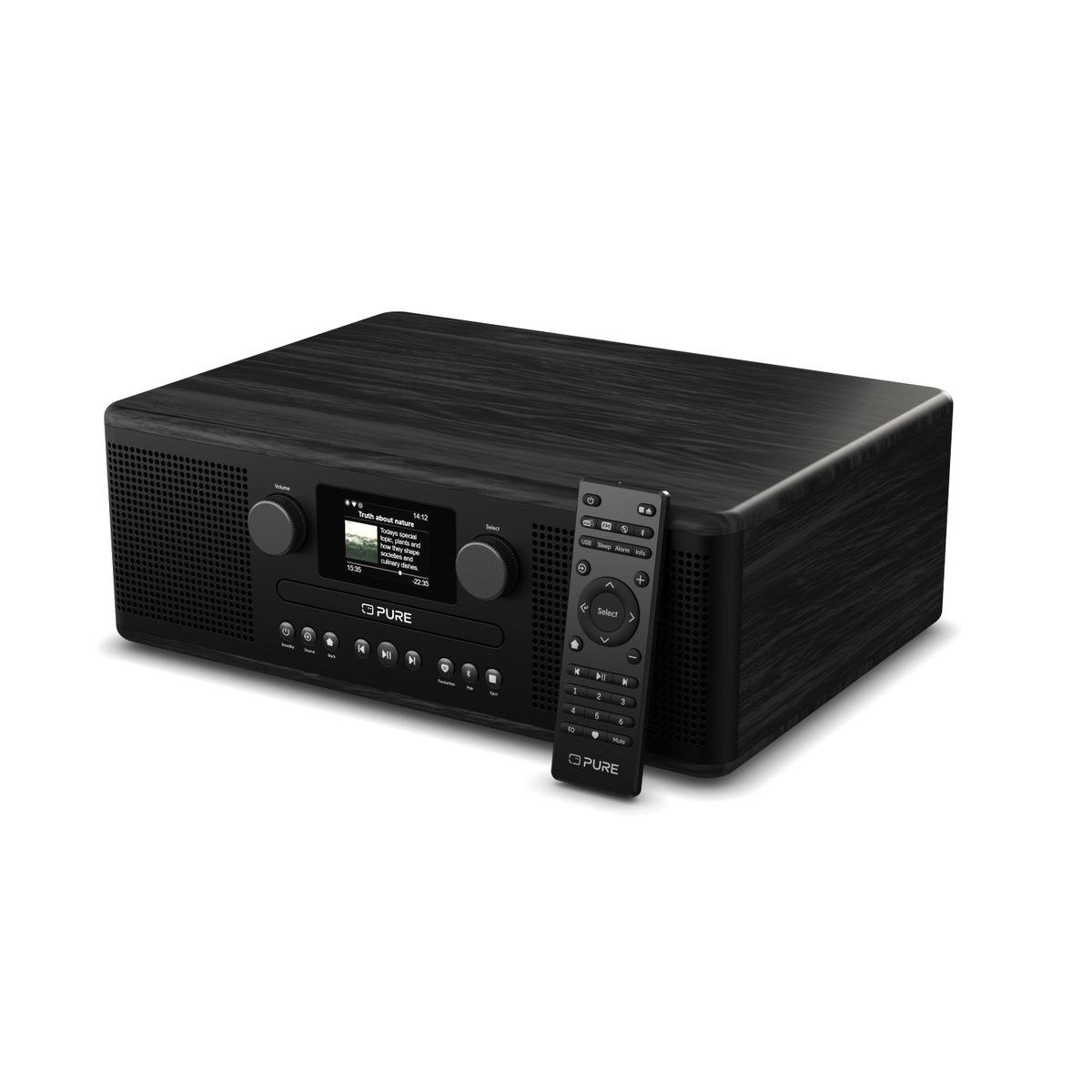 Radio de madera negra con pantalla y control remoto. Muchos botones de función. Fondo blanco.