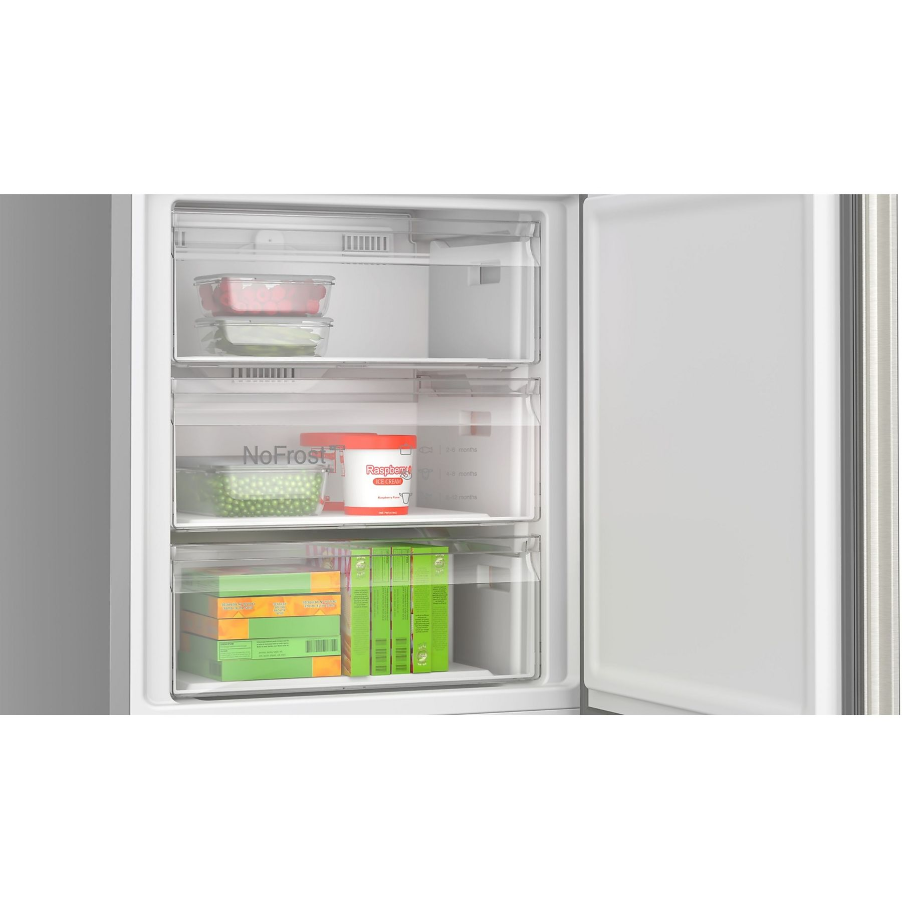 Kühlschrank-Gefrierschubladen voller Lebensmittel. Rote, grüne und transparente Behälter. Weißer Hintergrund.