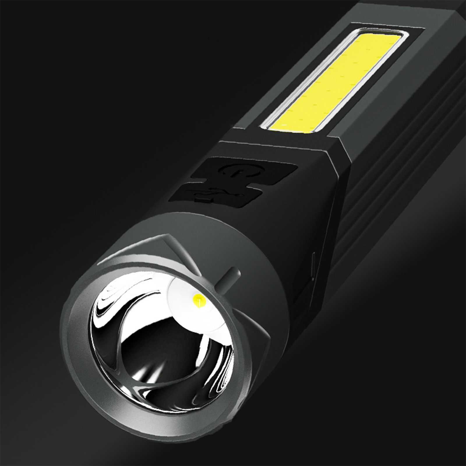 Schwarze Taschenlampe mit hellem weißen Licht und gelbem Licht oben drauf.