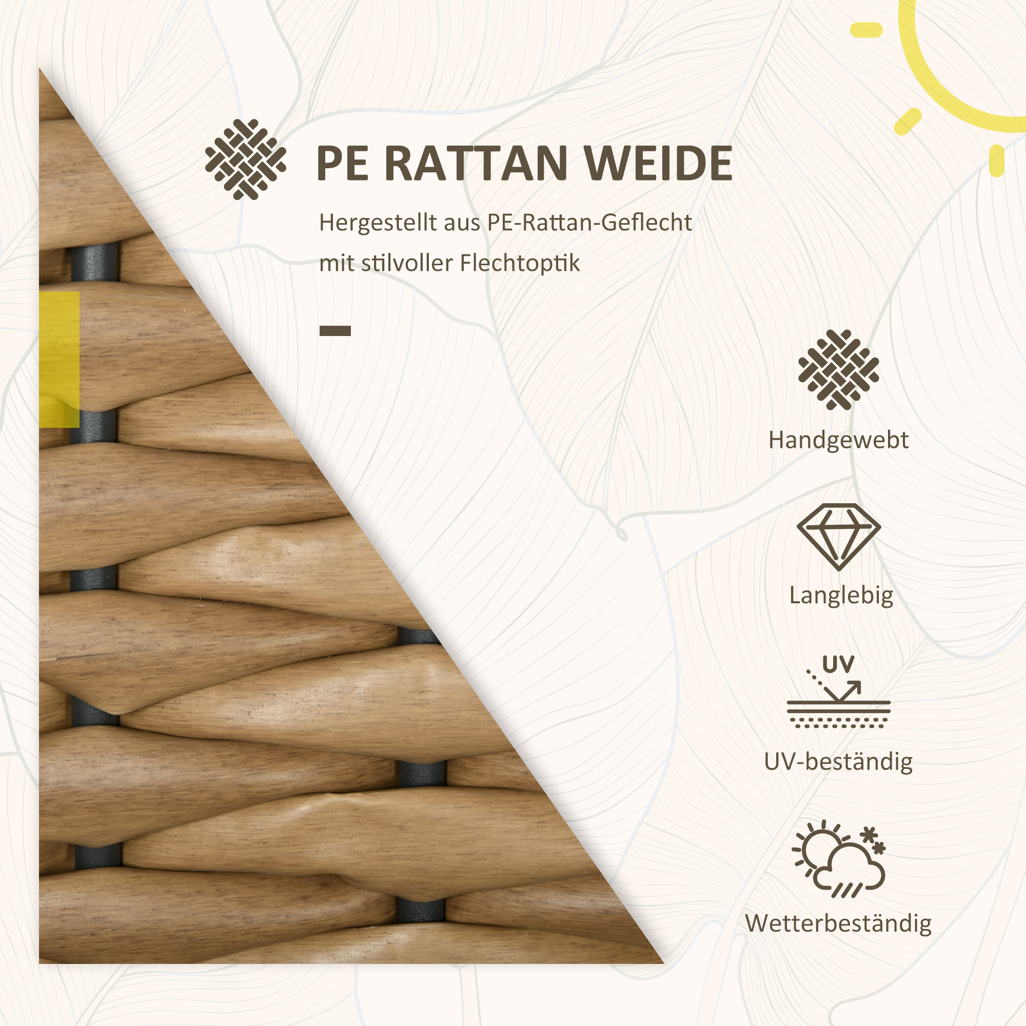 Nahaufnahme einer gewebten Rattanplatte mit deutschem Text, der Merkmale wie handgewebt und UV-beständig hervorhebt.