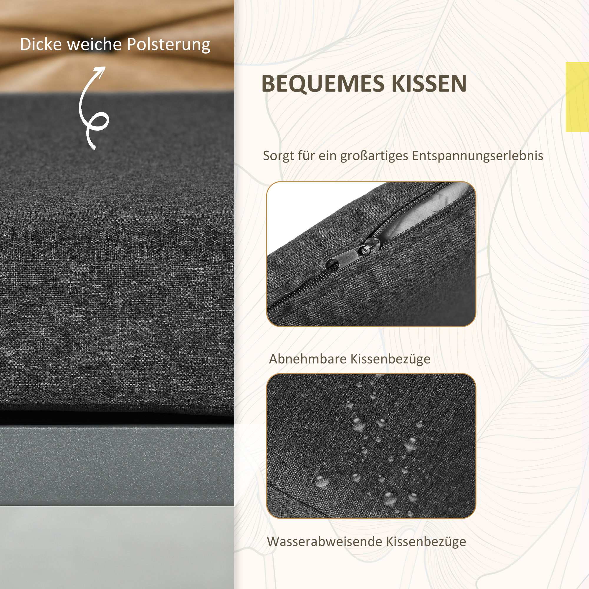 Nahaufnahme eines dunkelgrauen Kissens. Text sagt 'Bequemes Kissen' und 'Abnehmbare Kissenbezüge'.