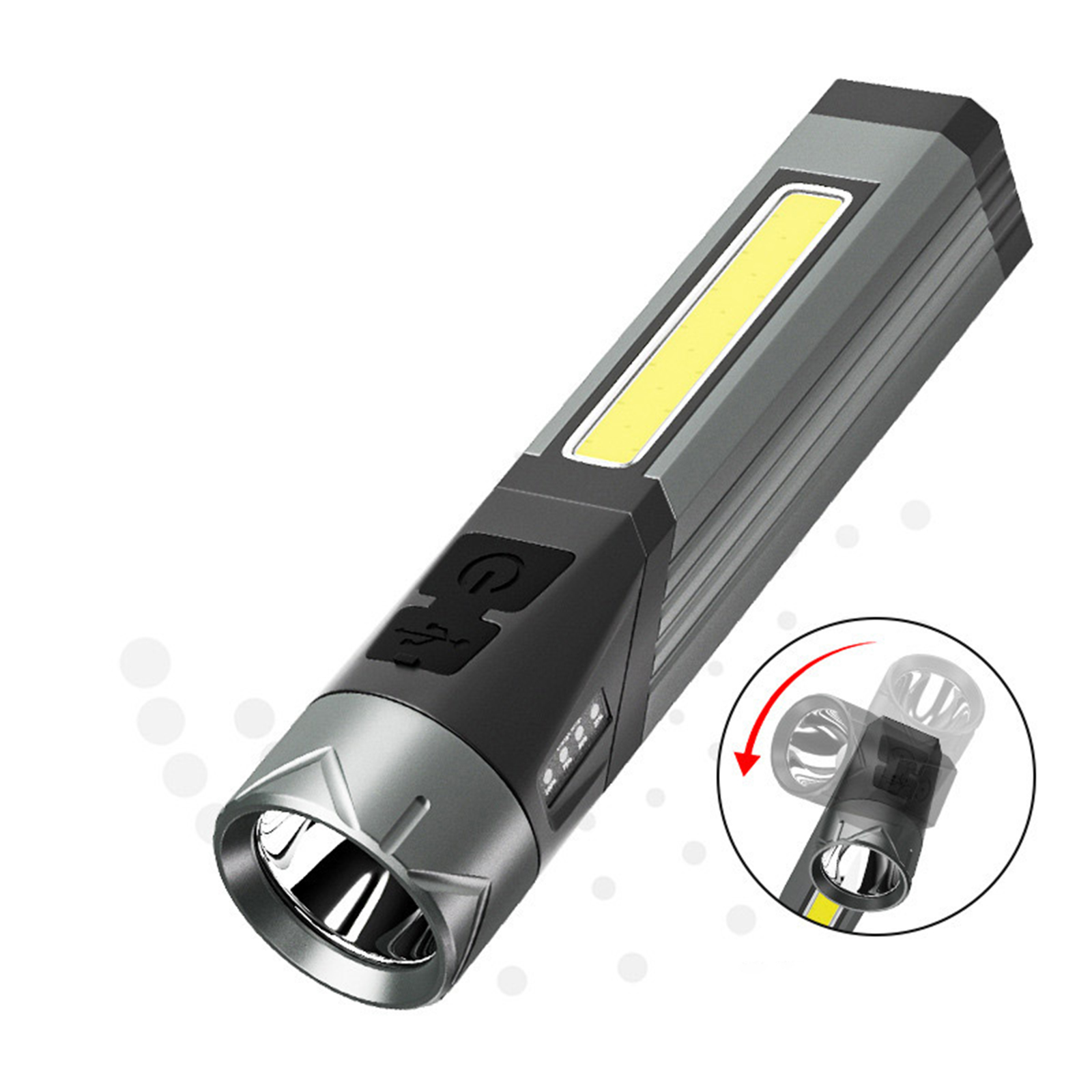 Eine schwarz-graue Taschenlampe mit Seitenlicht und drehbarem Kopf. Ein Lichtstrahl kommt von vorne.