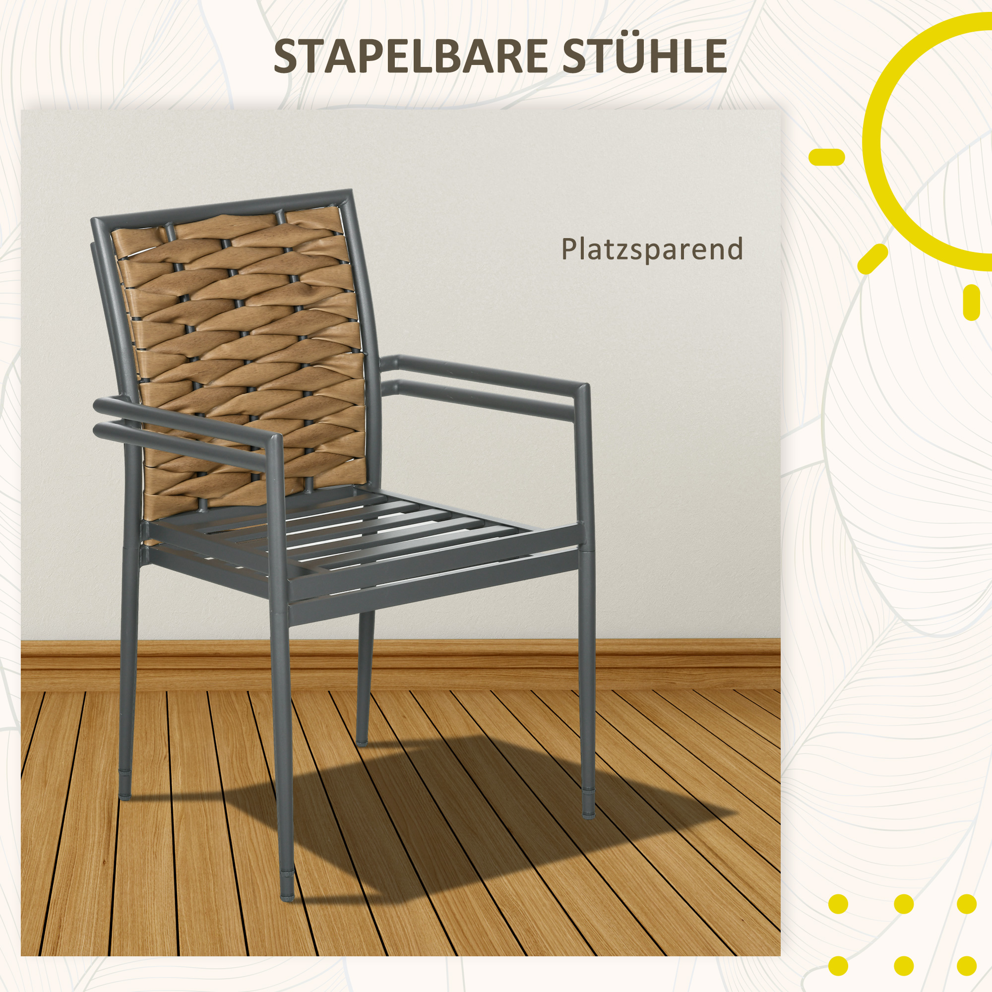 Grauer Stuhl mit gewebter Rückenlehne. Er hat einen hellen Holzboden. Der Hintergrund hat eine beige Wand.