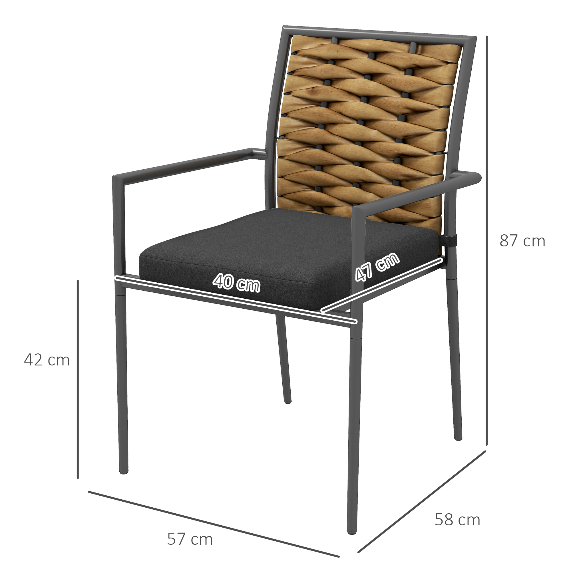 Outdoor-Stuhl mit gewebter Rückenlehne, grauem Rahmen und schwarzem Kissen. Abmessungen: 40x47x57x87x42 cm.