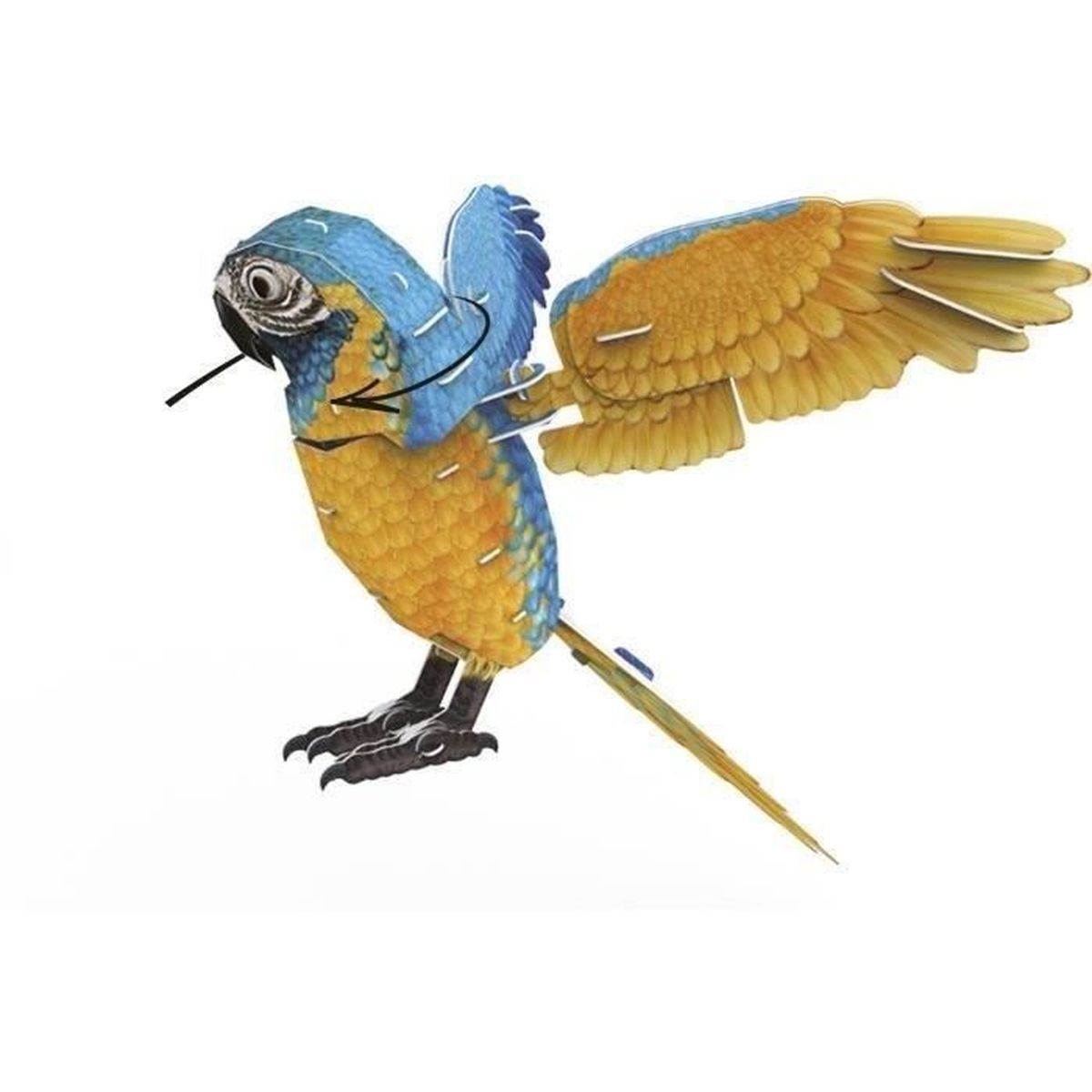 Un modello di carta 3D di un pappagallo, blu e giallo, con le ali estese.