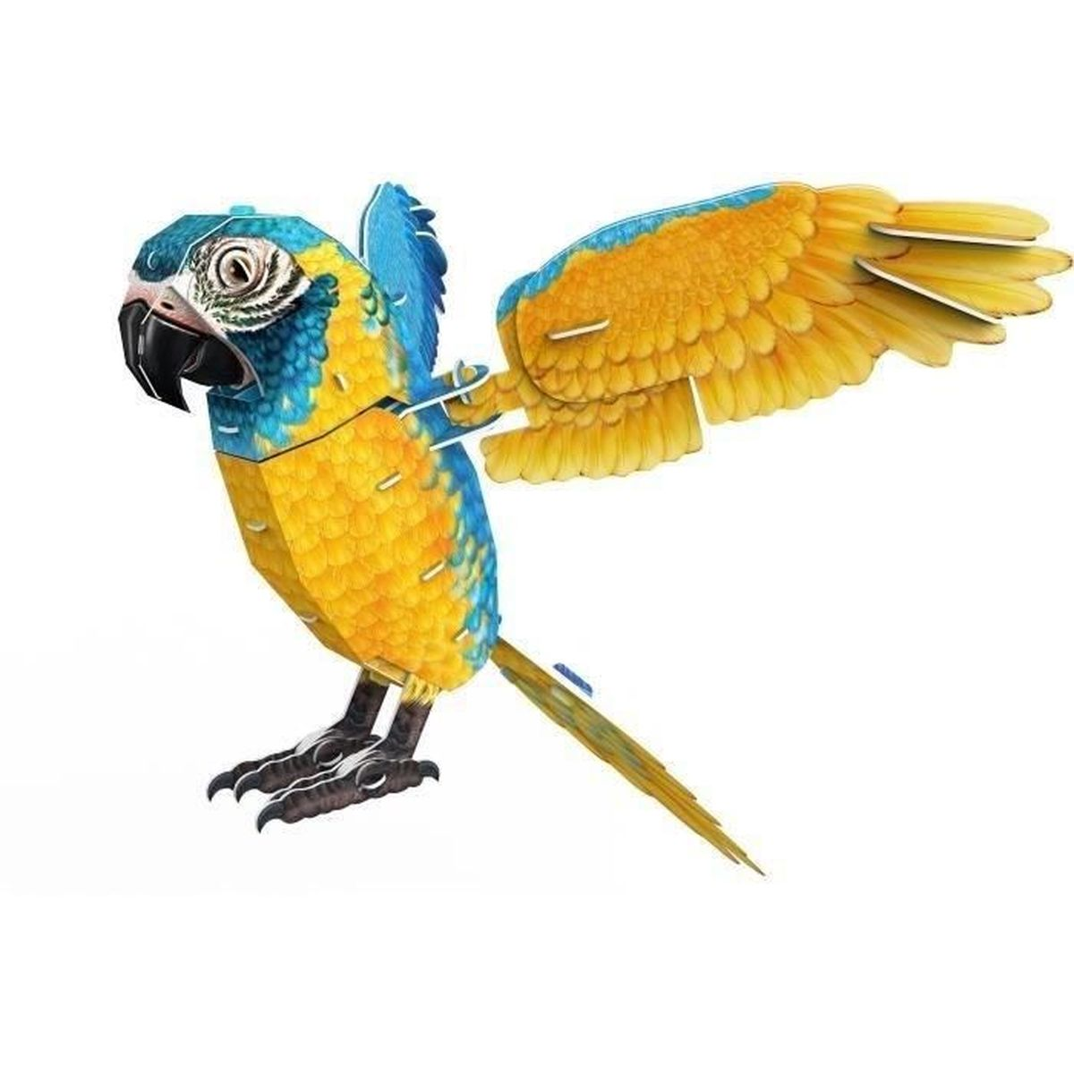 Un puzzle 3D a forma di pappagallo. Il pappagallo è blu e giallo. La sua ala è aperta. Lo sfondo è bianco.