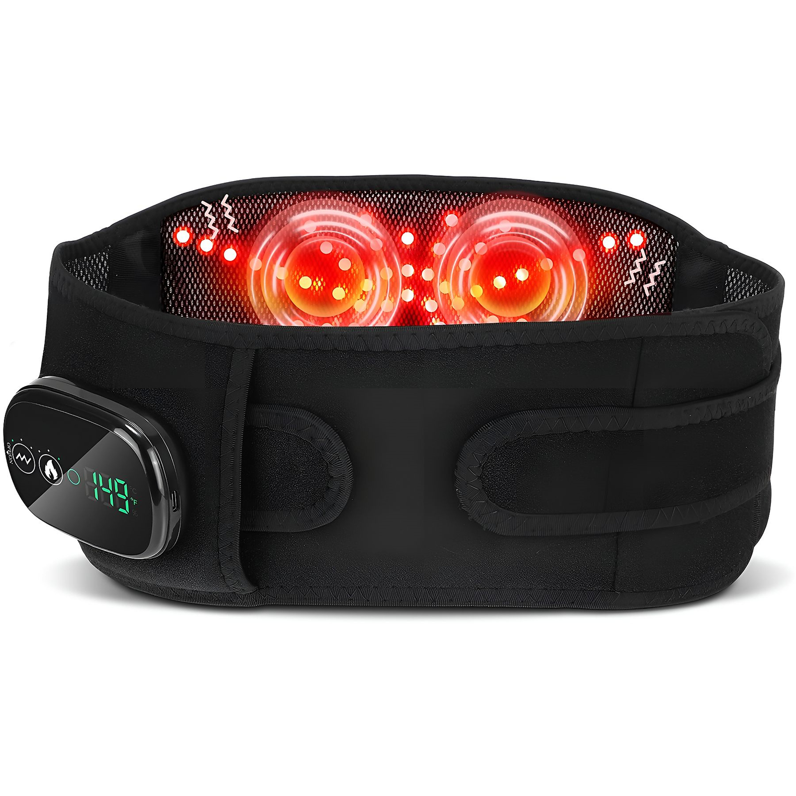 Ein schwarzes Rückenmassagegerät mit roten Lichtern und einem Digitaldisplay mit der Anzeige '149'.