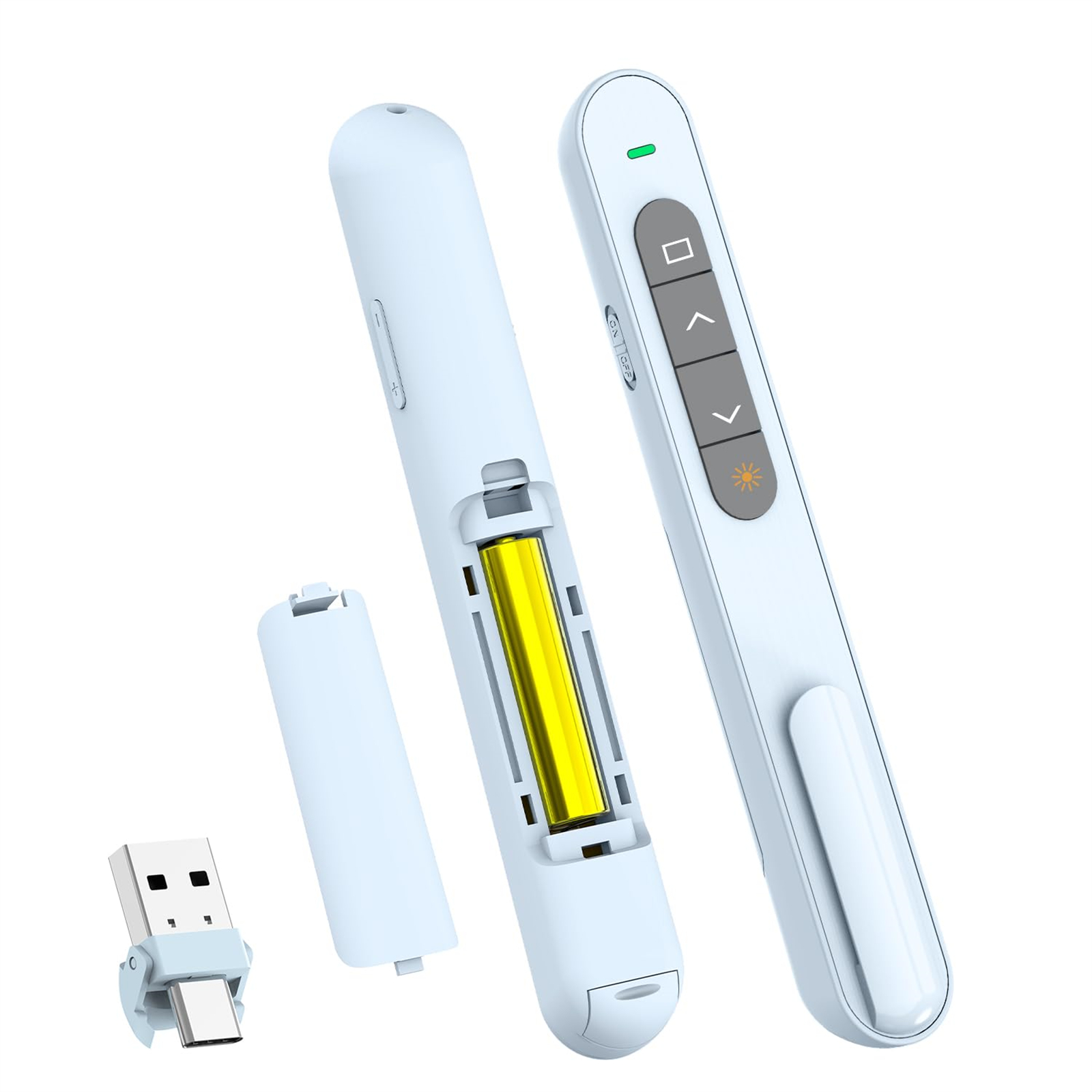 Eine weiße Präsentationsfernbedienung mit geöffnetem Batteriefach. Ein USB-Empfänger wird separat gezeigt.