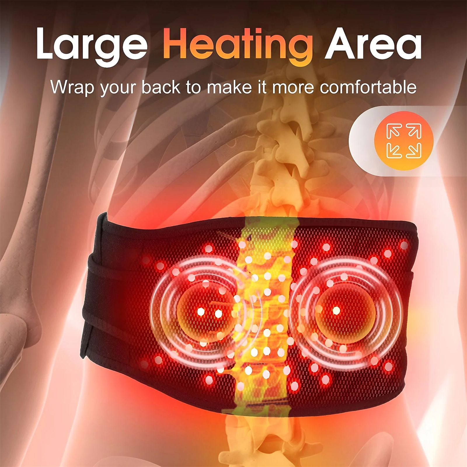 Rücken einer Person mit einem Heizkissen, rotes Licht auf dem Rücken, Text lautet 'Large Heating Area'.