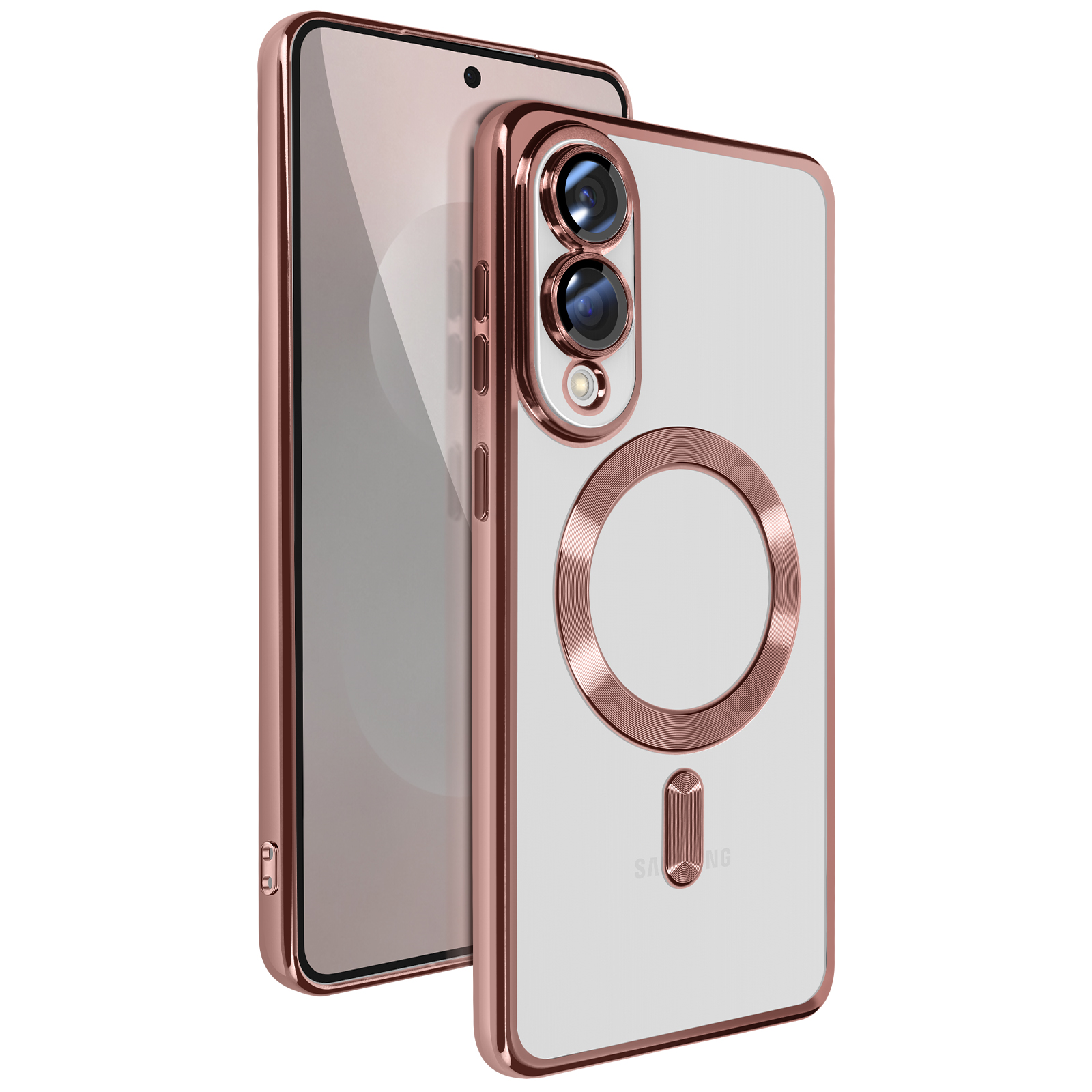 Uno smartphone in una custodia trasparente con cornice oro rosa, che mostra il retro e il lato.