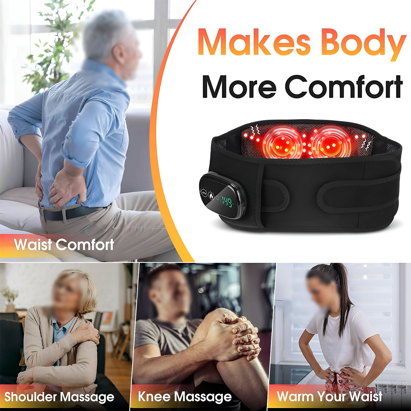 Bild zeigt einen Massagegürtel mit roten Lichtern und Menschen, die Komfort für Taille, Schulter und Knie erfahren.