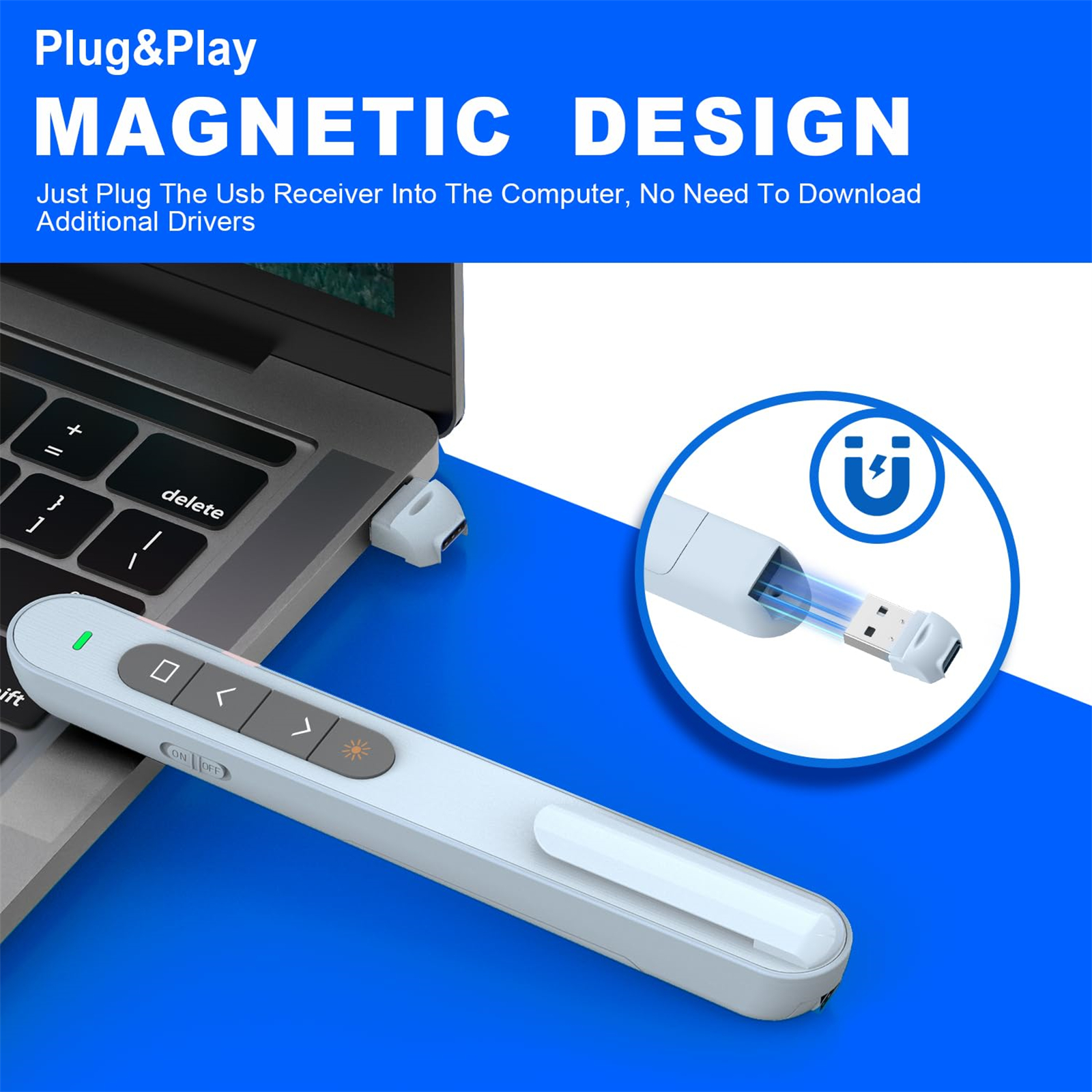 Eine Präsentationsfernbedienung, die an einen Laptop angeschlossen ist. Der Text lautet 'Plug&Play Magnetic Design'.