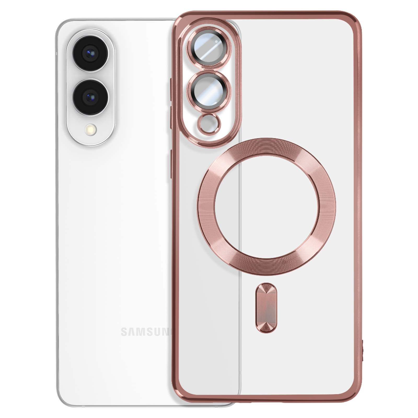 Telefono bianco con cornice e anello fotocamera oro rosa. Retro trasparente e cerchio oro rosa.