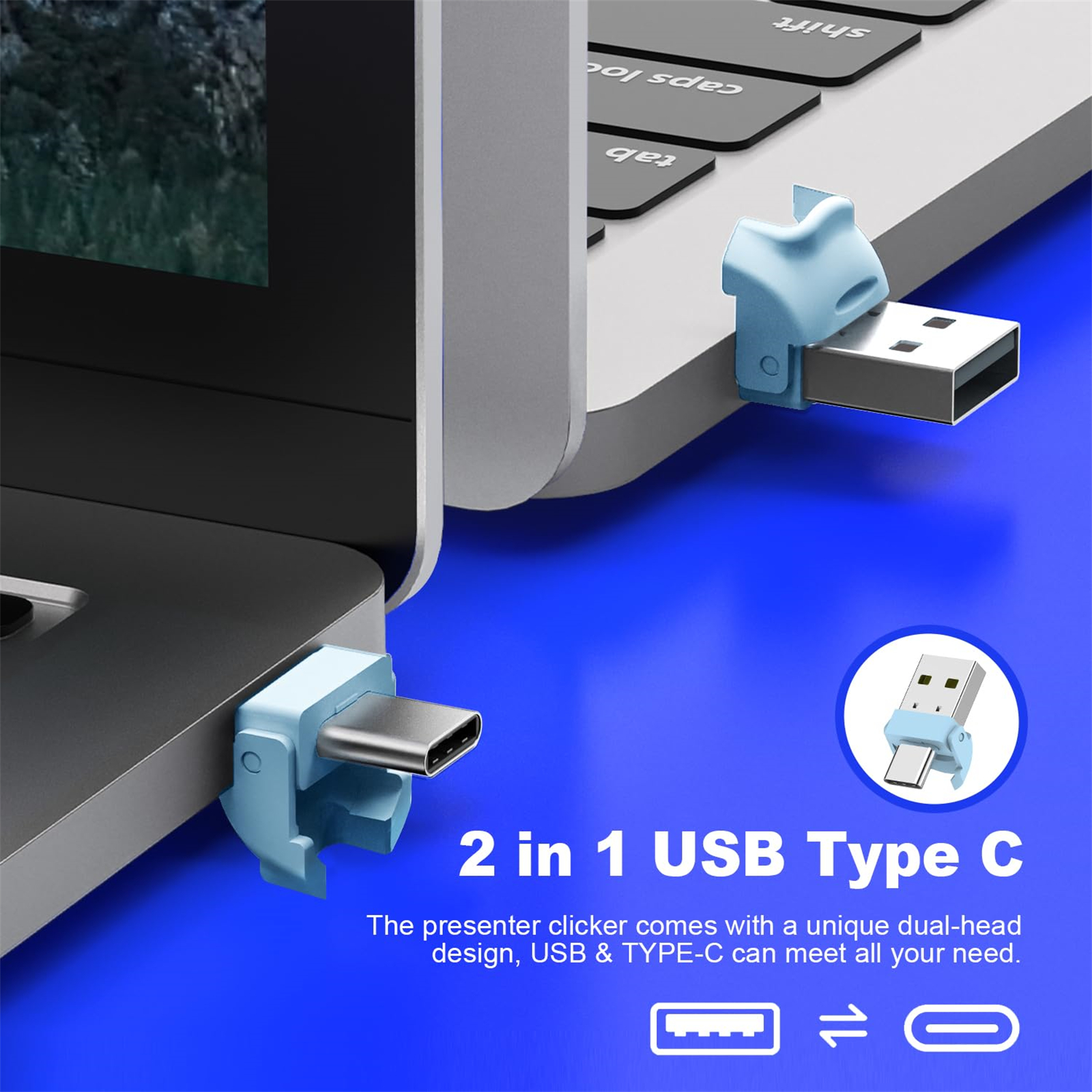 Blaue USB-C- und USB-Adapter, die mit einem Laptop verbunden sind. Text sagt '2 in 1 USB Typ C'.