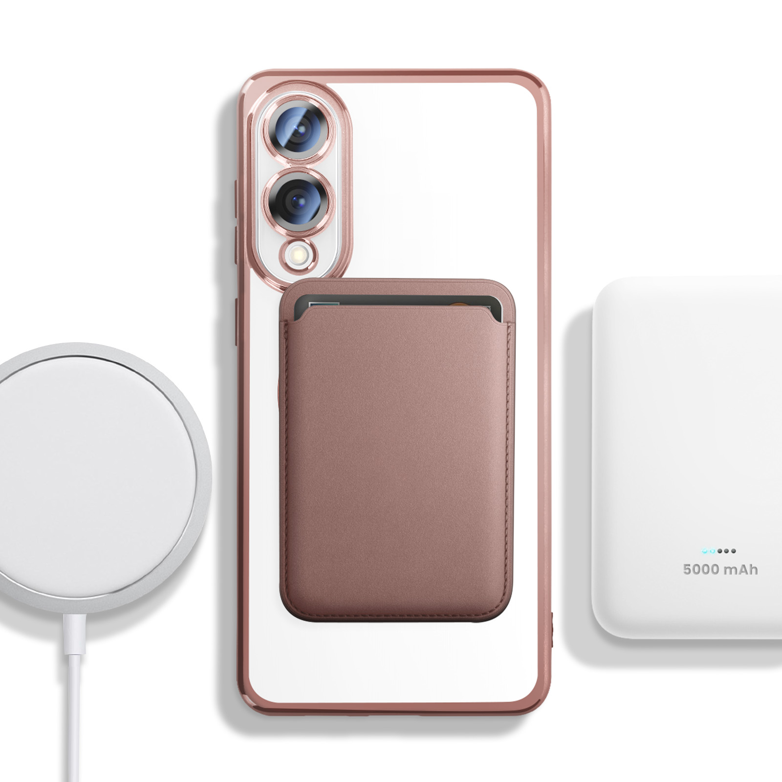 Telefono bianco con cornice oro rosa e porta carte. Un power bank bianco è mostrato a destra.