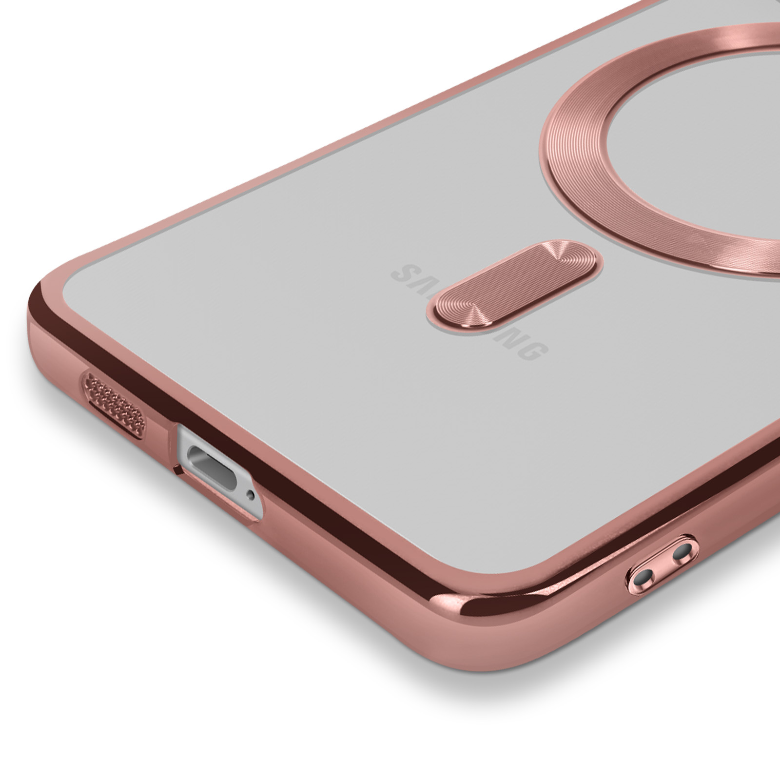 Primo piano di una custodia per telefono con cornice oro rosa. Il retro è trasparente con un cerchio oro rosa.