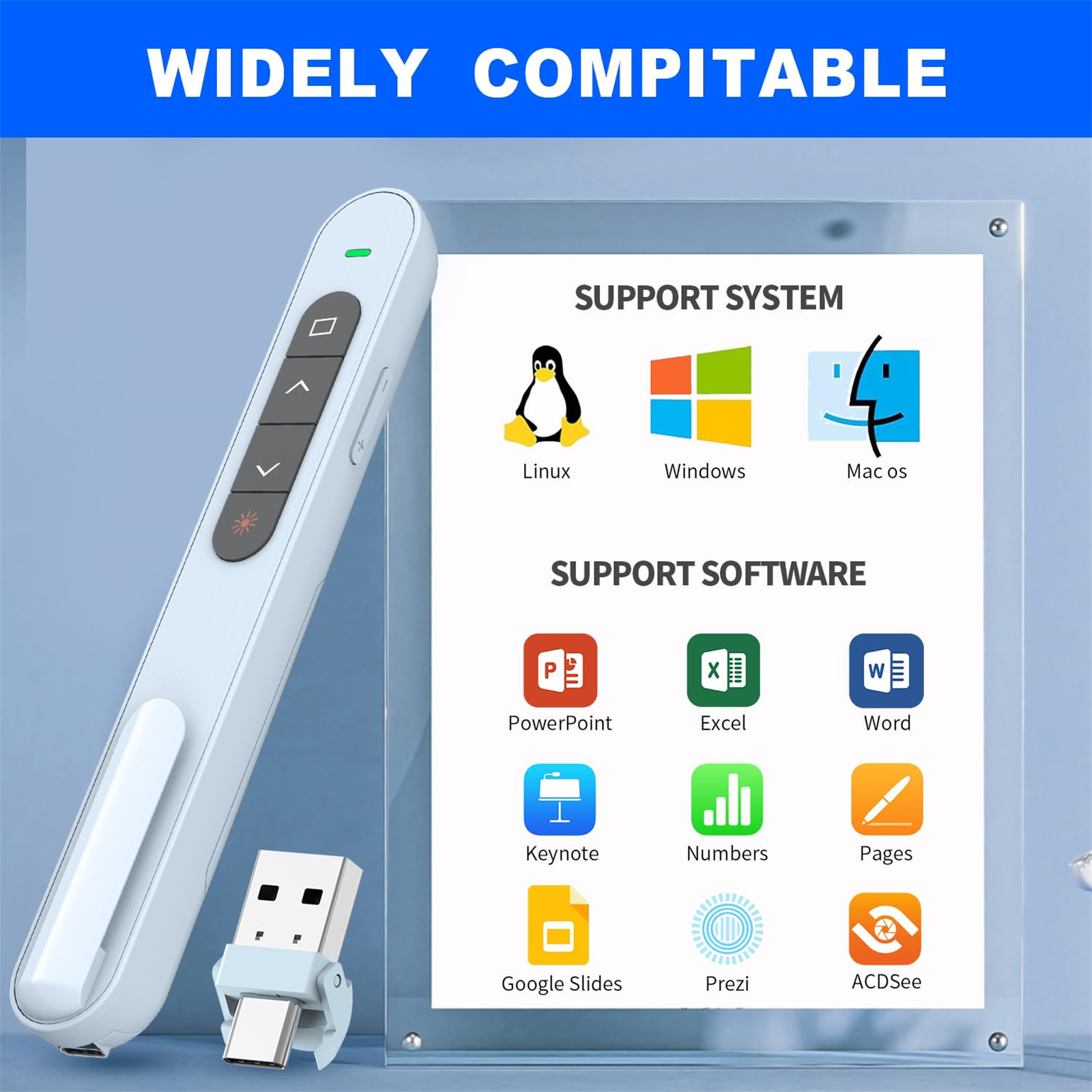 Eine weiße Präsentationsfernbedienung mit USB-Empfänger. Symbole zeigen Betriebssystem- und Softwarekompatibilität.