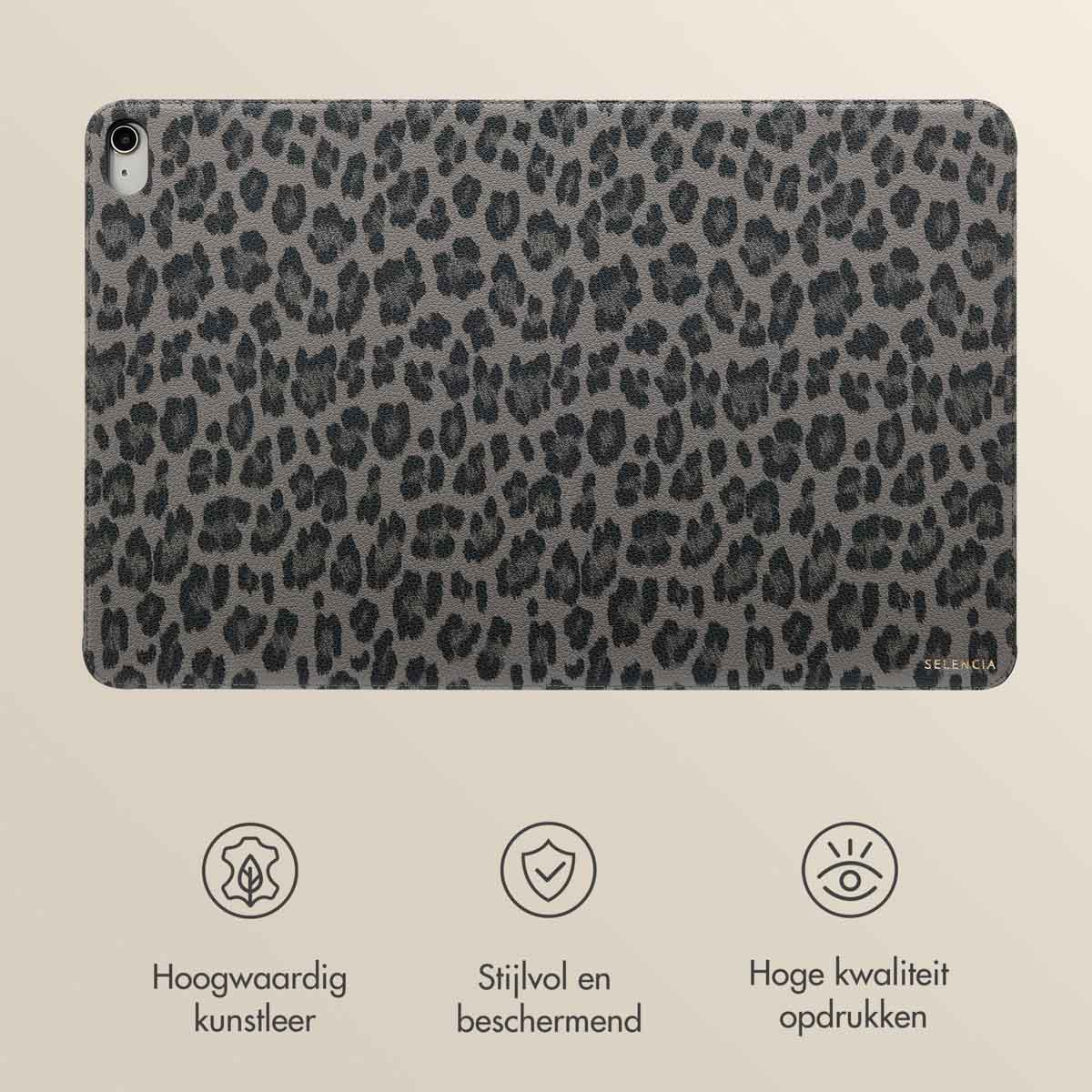 An iPad case with leopard print design. It has text at the bottom describing the features.