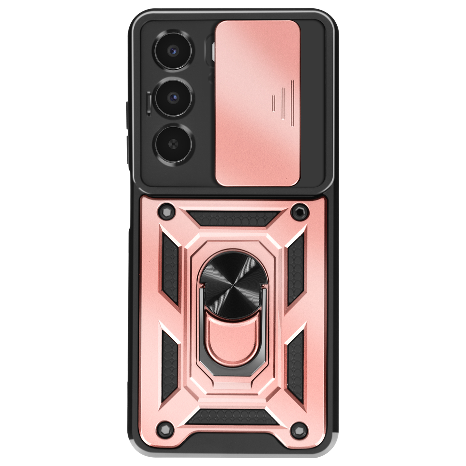 Custodia per telefono oro rosa con copertura fotocamera e anello. Accenti neri. Motivo a nido d'ape nella parte inferiore.