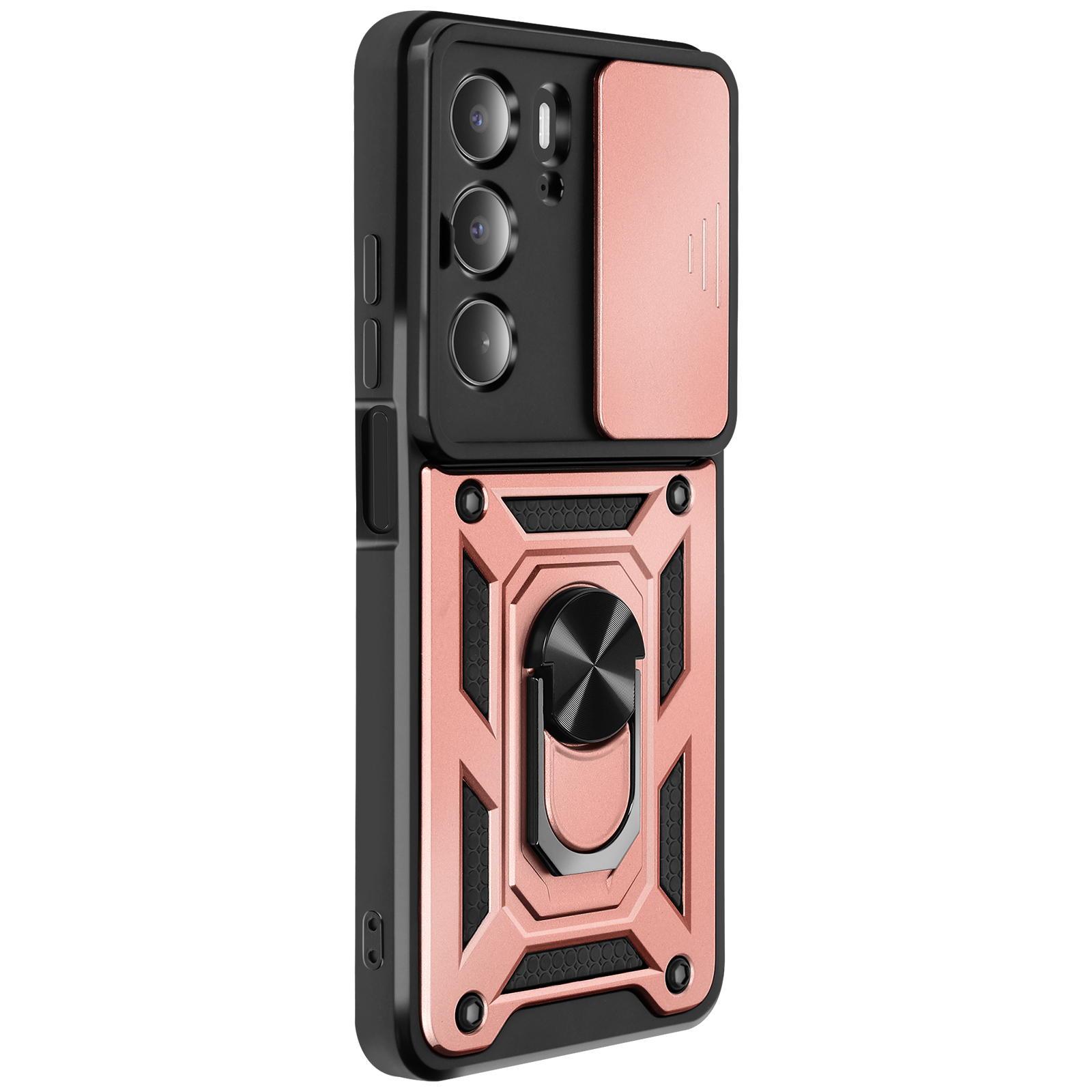 Custodia per telefono nera e oro rosa con copertura fotocamera e anello di supporto.