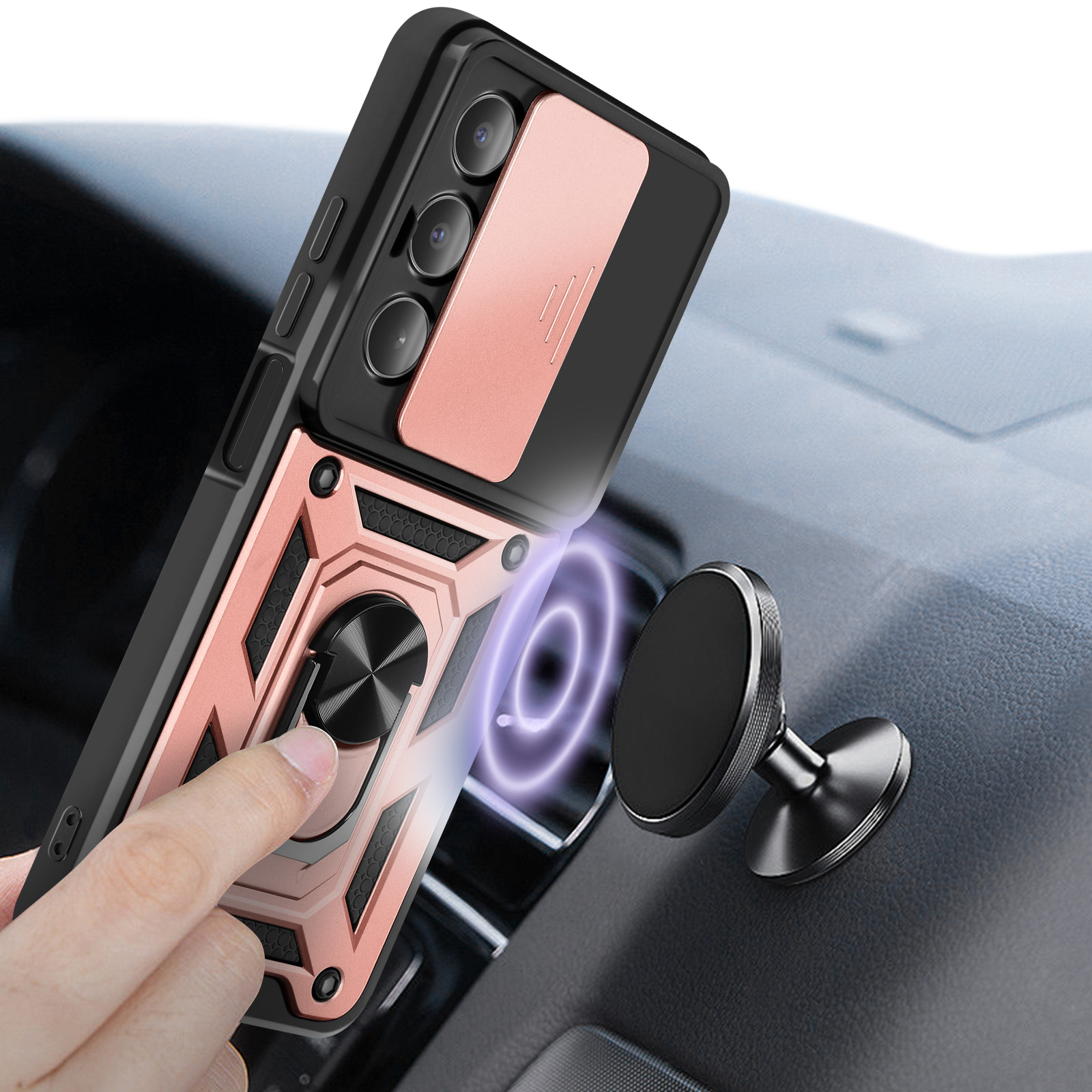 Telefono con custodia oro rosa si attacca magneticamente a un supporto da cruscotto. Campo magnetico circolare.