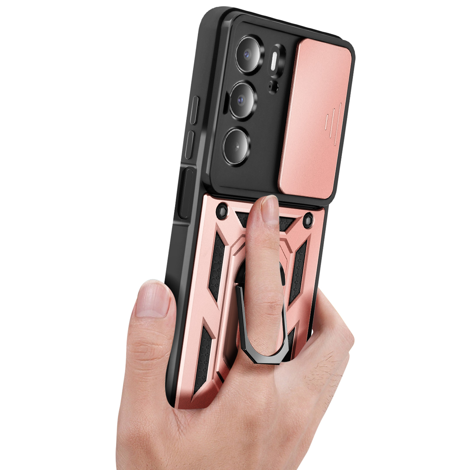 Mano che tiene un telefono con custodia oro rosa. Anello di supporto esteso. Sfondo bianco.