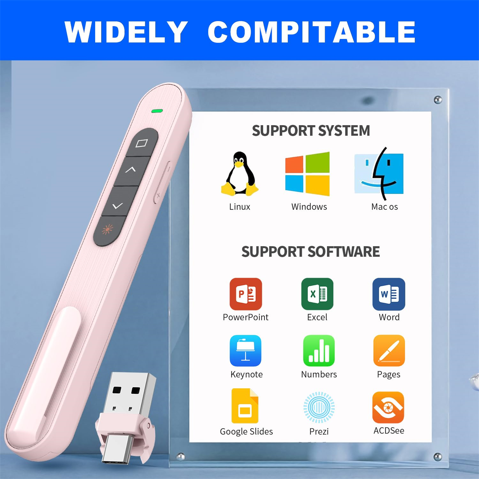 Drahtloser Präsentationsgerät mit USB-Empfänger und verschiedenen Symbolen. Rosa und weiß. Unterstützte Systeme und Software.
