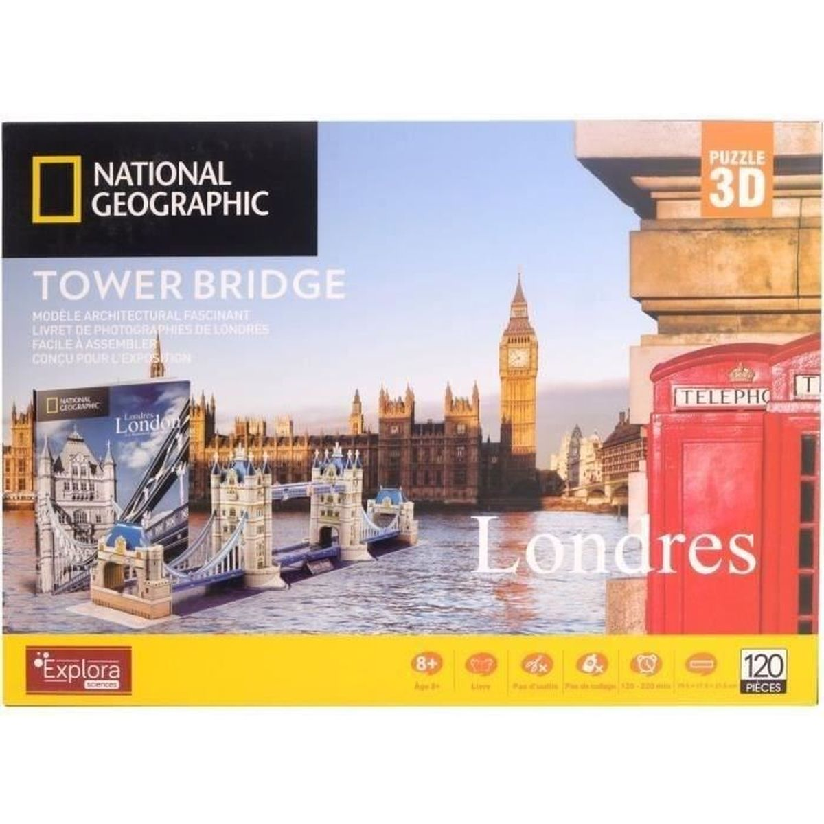 Puzzle in scatola con immagine del Tower Bridge e Londra. Sfondo bianco.
