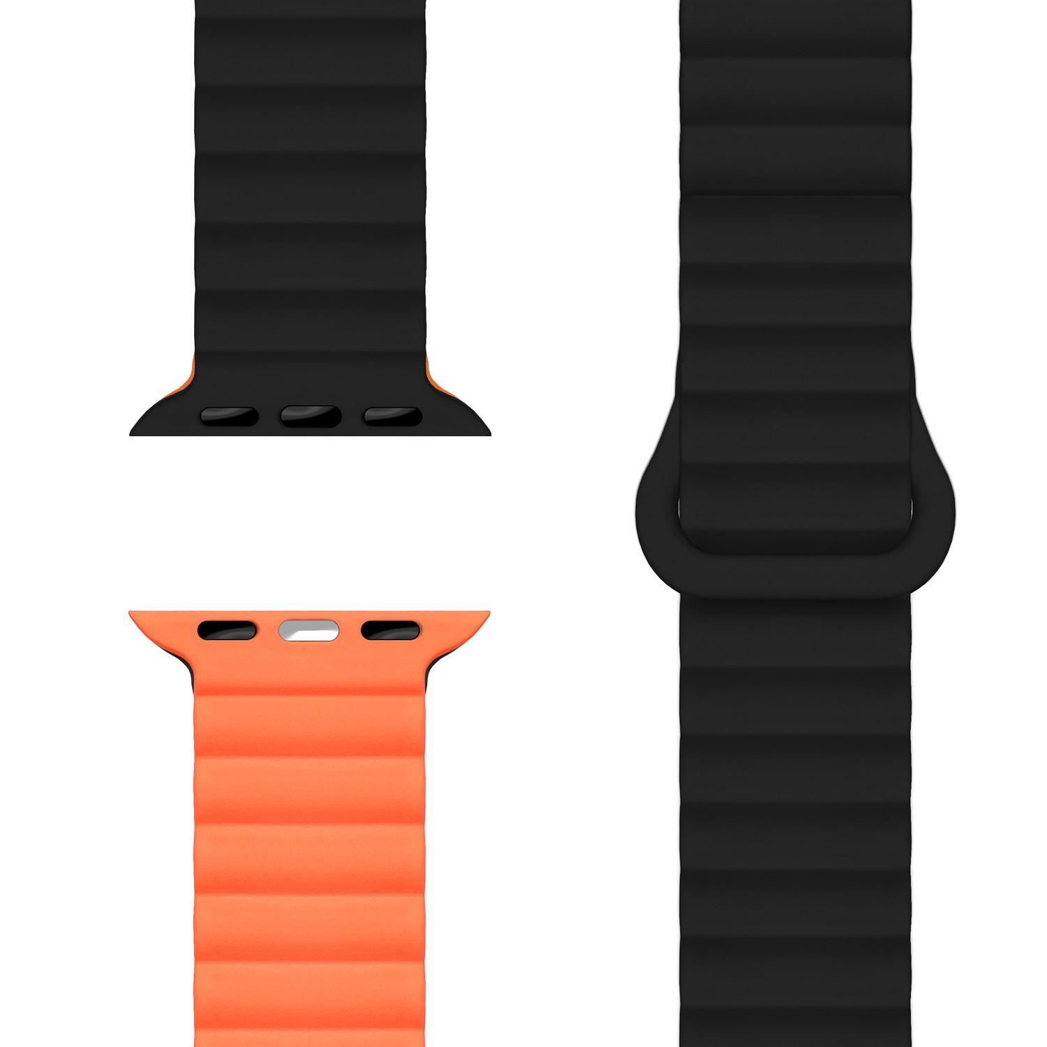 Schwarzes und oranges Uhrenarmband. Oranges Band mit Magnetverschluss. Schwarzes Band mit Magnetverschluss.