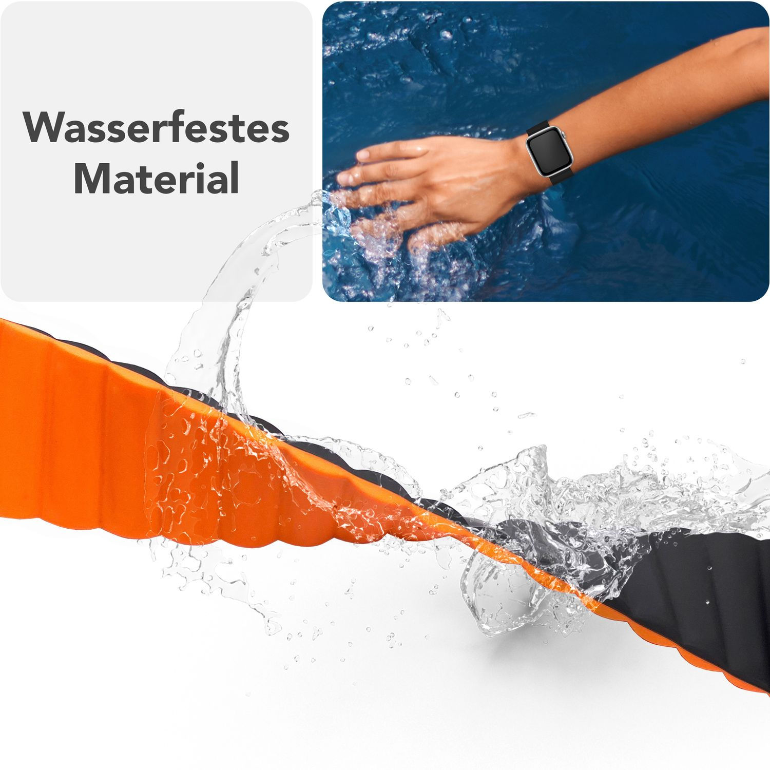 Uhrenarmband mit Wassertropfen und eine Person mit Uhr im Wasser.
