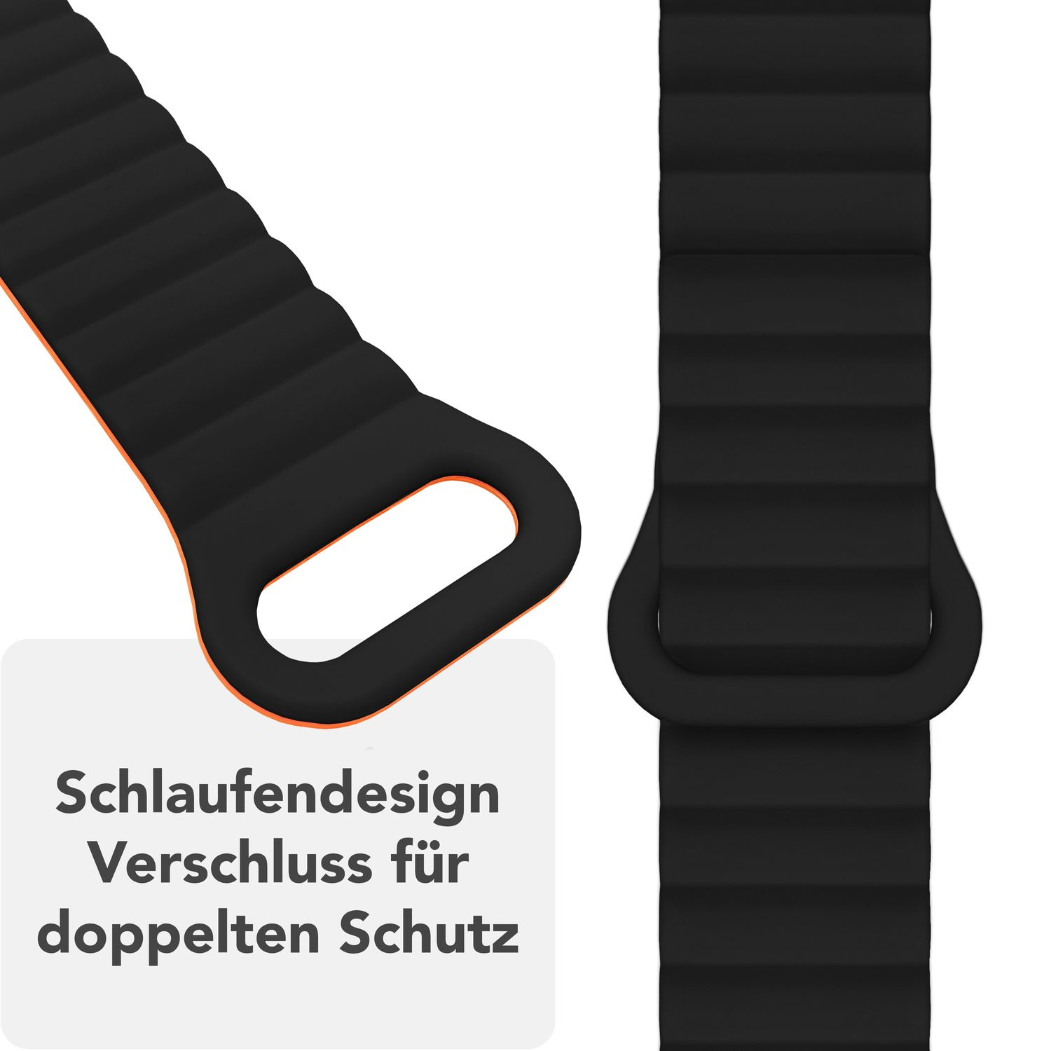 Schwarzes Uhrenarmband mit orangen Kanten. Text: Schlaufendesign, Verschluss für doppelten Schutz.