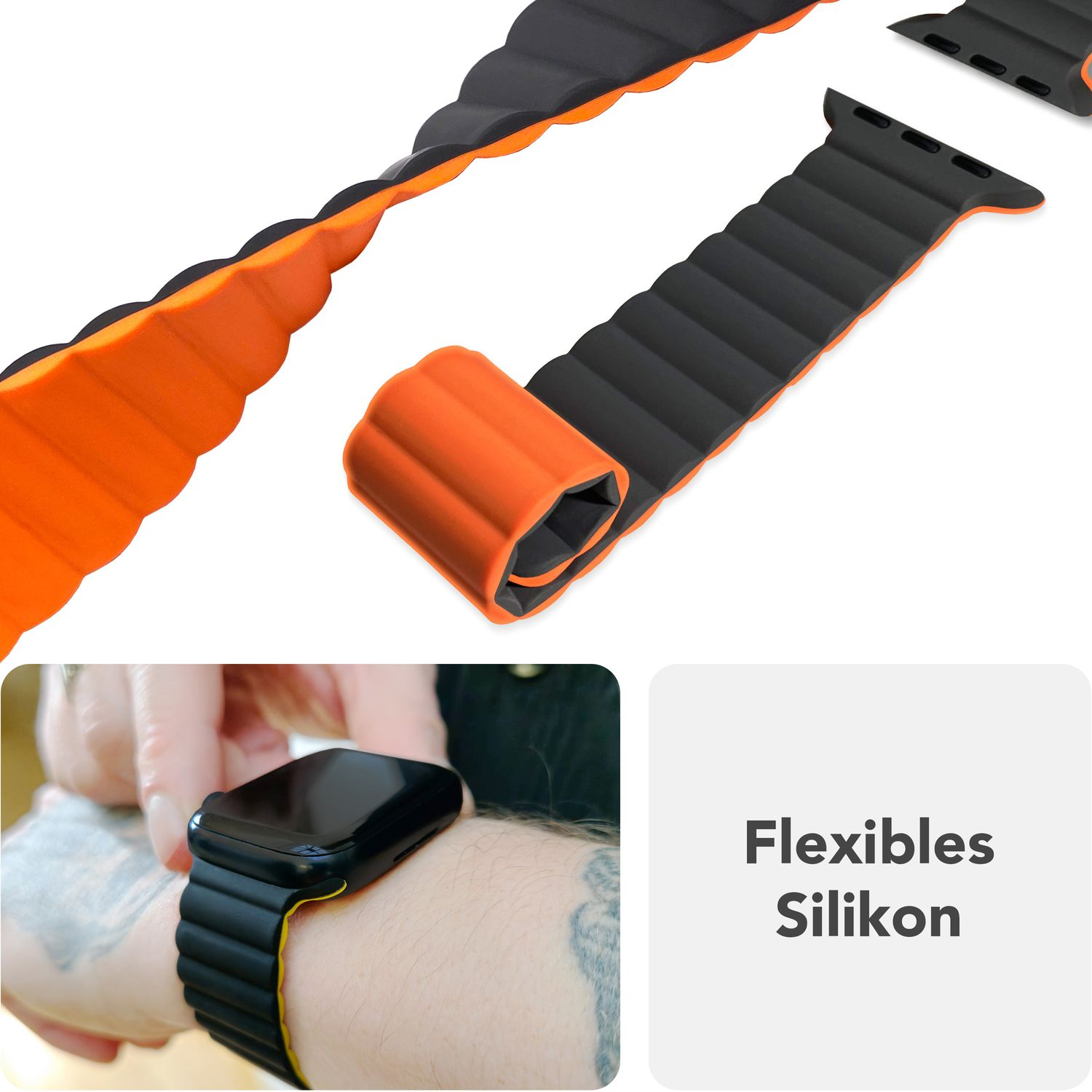 Schwarzes Armband mit orangen Kanten. Text: Flexibles Silikon. Uhr am Handgelenk.