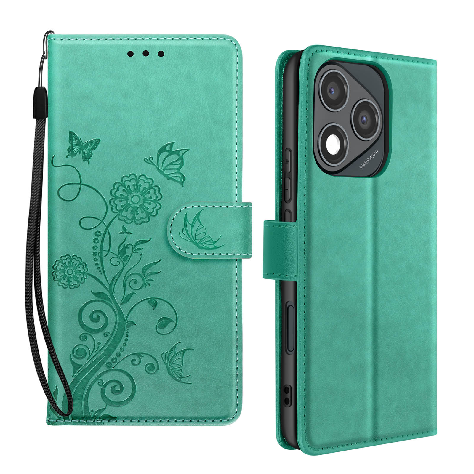 Una custodia per telefono verde acqua, in rilievo con un motivo floreale, aperta per rivelare un telefono.