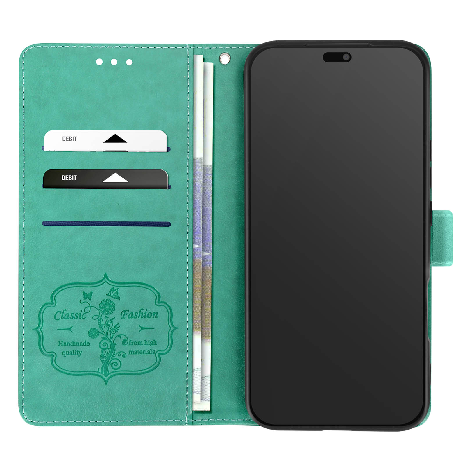 Una custodia per telefono verde acqua aperta con carte e contanti all'interno, più un telefono.